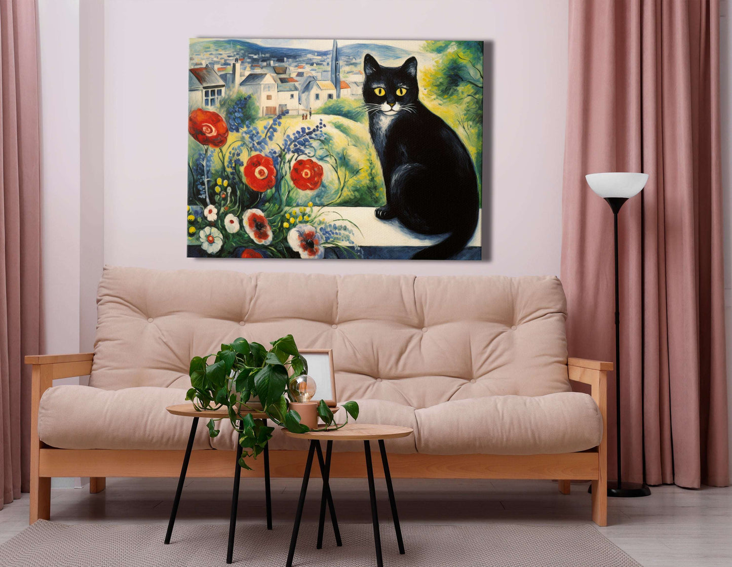 Cat Overlooking Poppy Garden - Canvas Print - Artoholica Ready to Hang Canvas Print