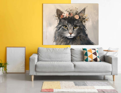 Cat Portrait with Floral Crown - Canvas Print - Artoholica Ready to Hang Canvas Print