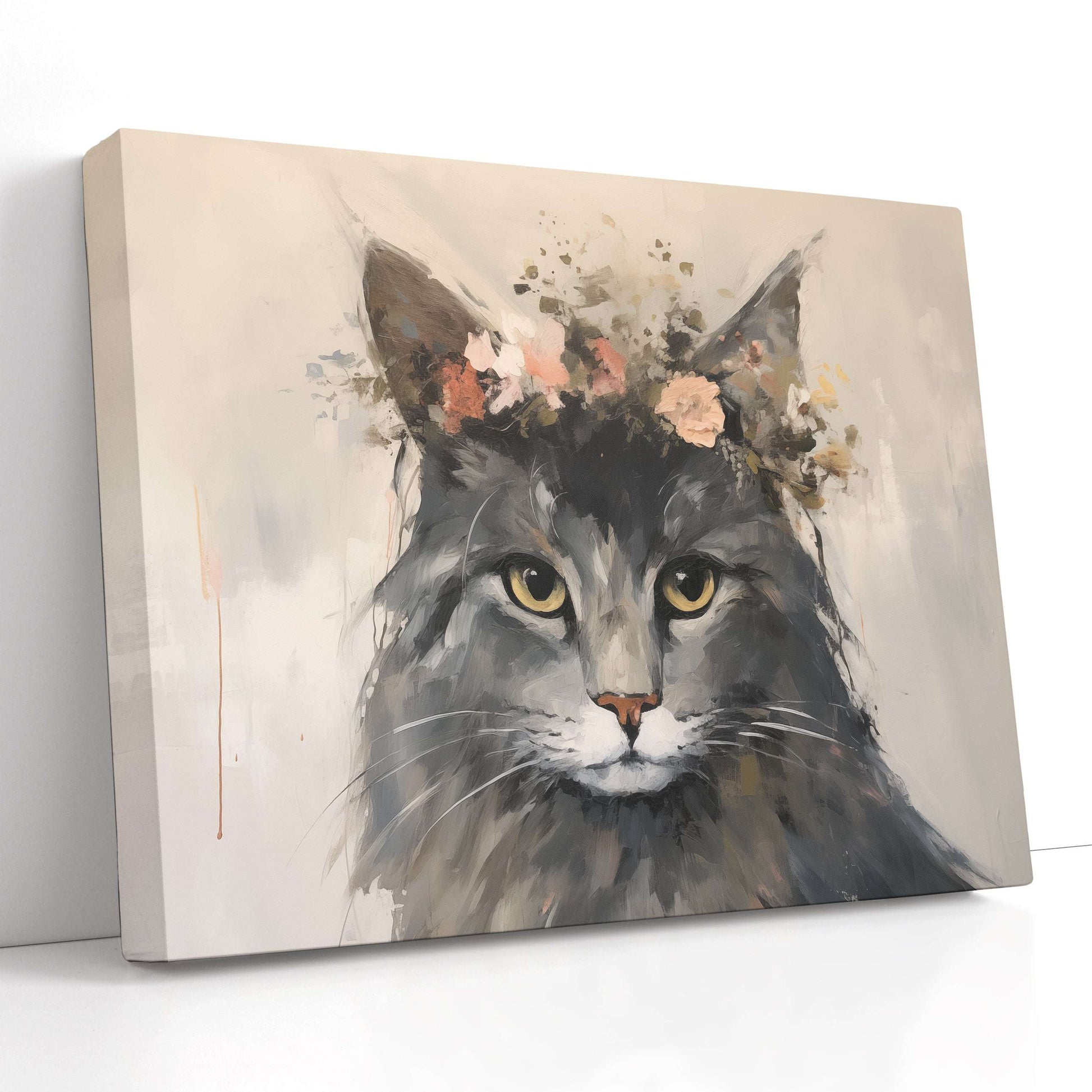 Cat Portrait with Floral Crown - Canvas Print - Artoholica Ready to Hang Canvas Print