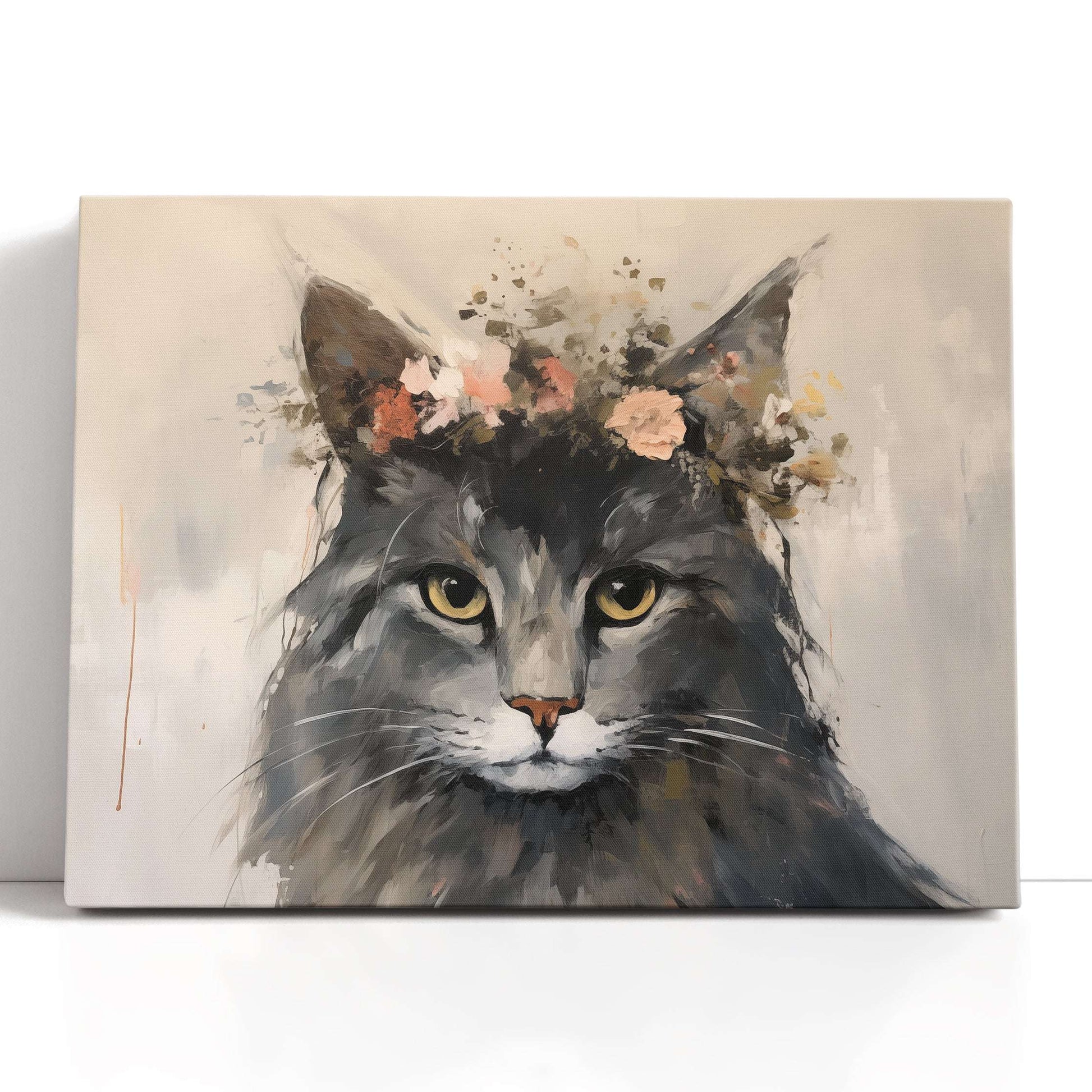 Cat Portrait with Floral Crown - Canvas Print - Artoholica Ready to Hang Canvas Print