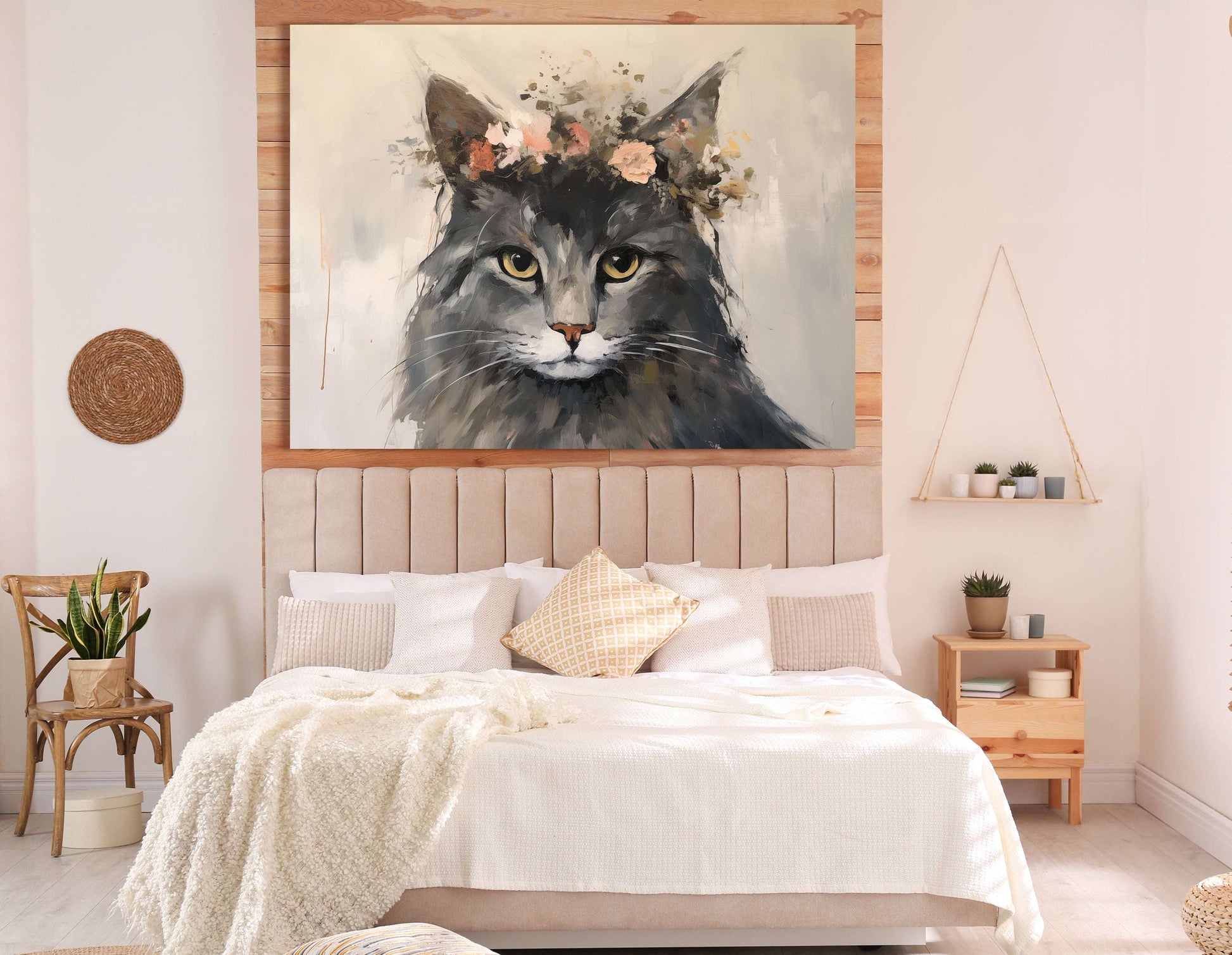 Cat Portrait with Floral Crown - Canvas Print - Artoholica Ready to Hang Canvas Print