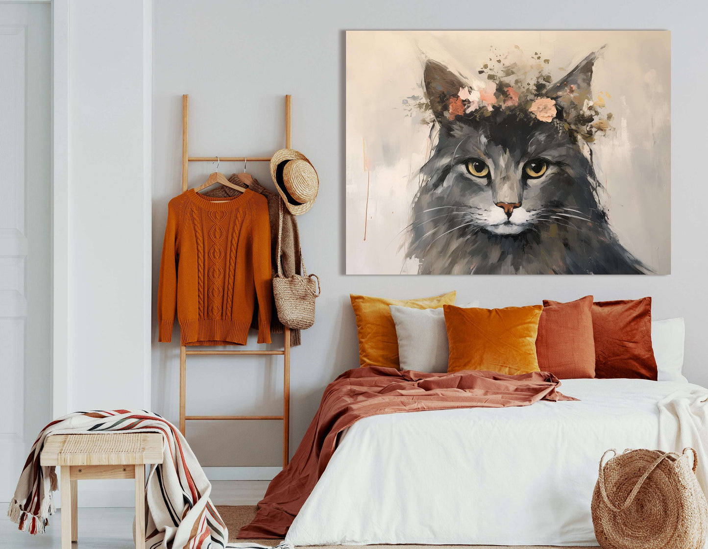 Cat Portrait with Floral Crown - Canvas Print - Artoholica Ready to Hang Canvas Print