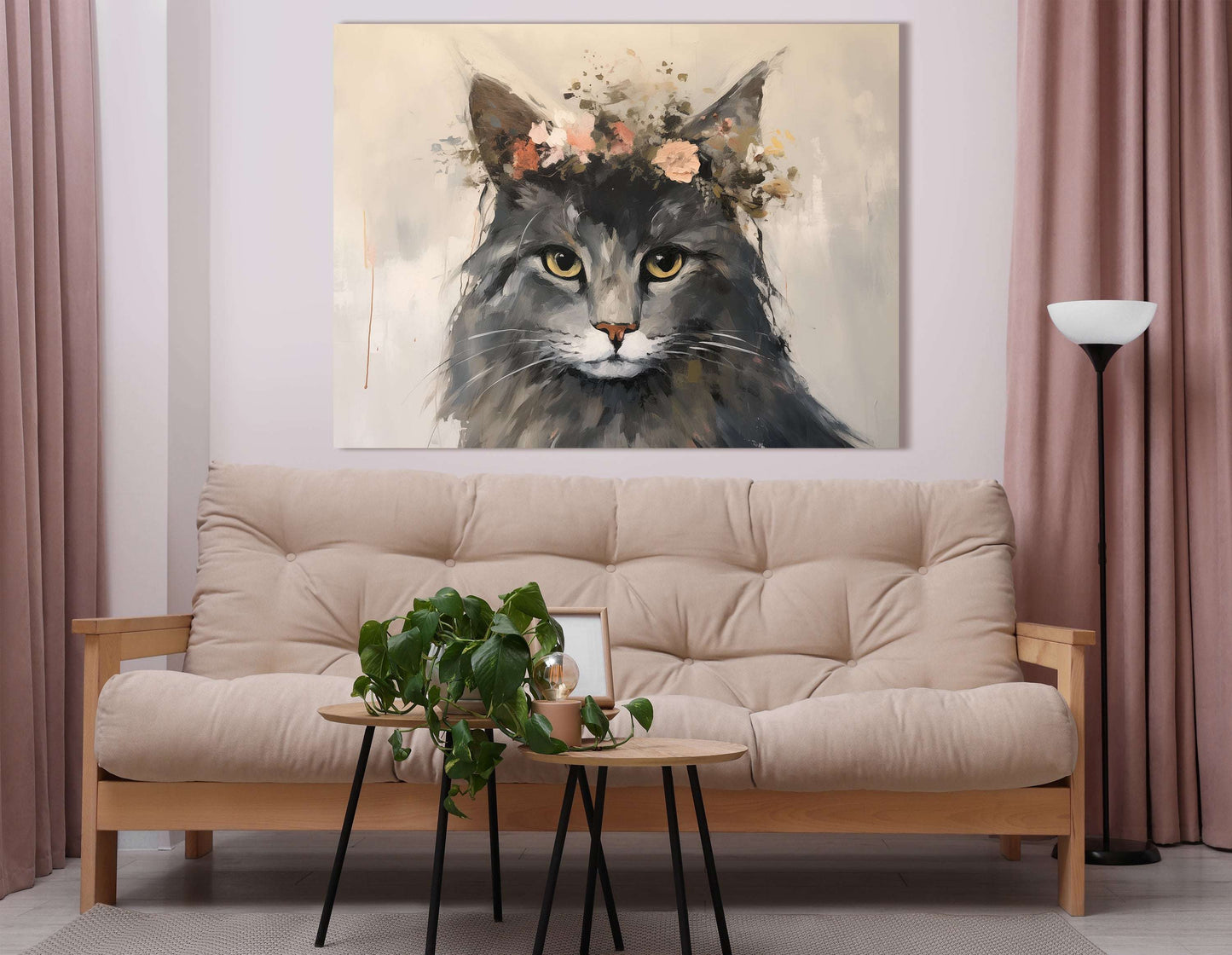 Cat Portrait with Floral Crown - Canvas Print - Artoholica Ready to Hang Canvas Print