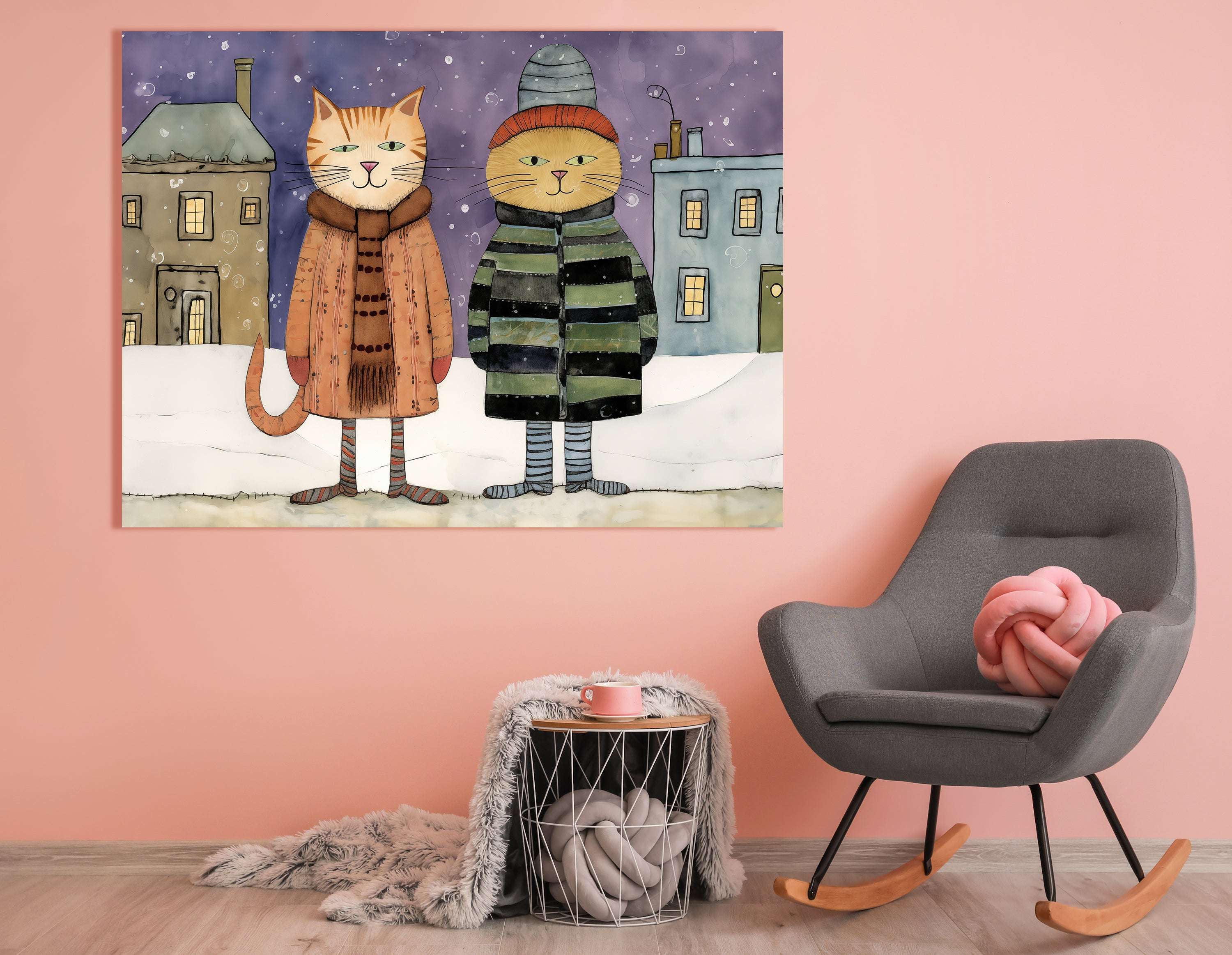 Cats in Winter Town - Canvas Print - Artoholica Ready to Hang Canvas Print