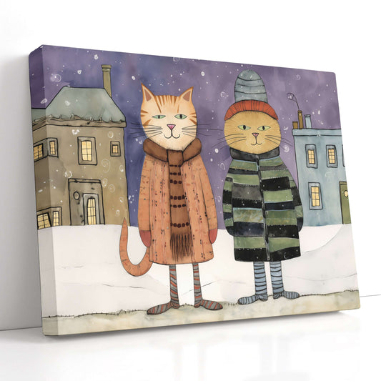 Cats in Winter Town - Canvas Print - Artoholica Ready to Hang Canvas Print