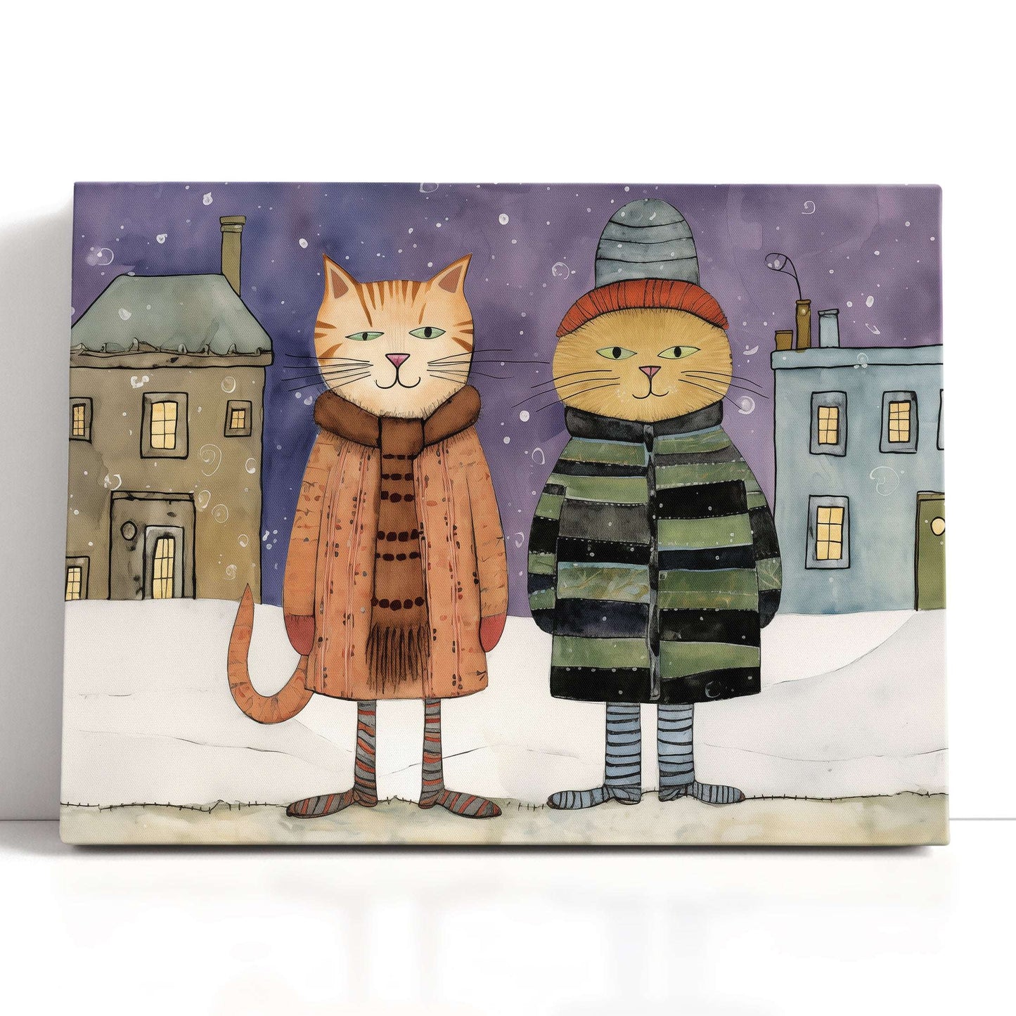 Cats in Winter Town - Canvas Print - Artoholica Ready to Hang Canvas Print