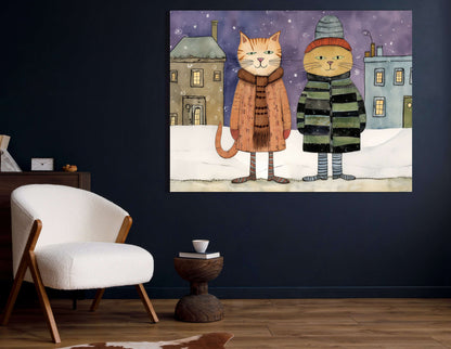 Cats in Winter Town - Canvas Print - Artoholica Ready to Hang Canvas Print