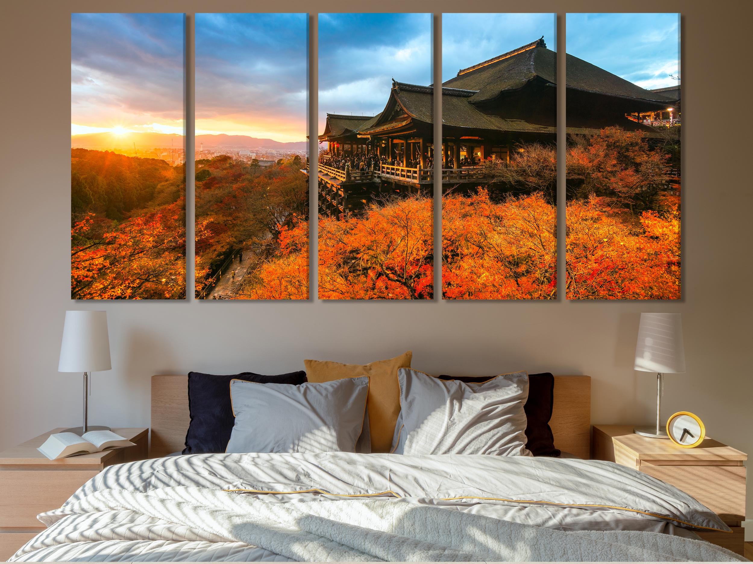 Autumn Colors at Kiyomizu-dera Temple Canvas Wall Art, Kyoto Japan Sunset Print, Vibrant Fall Landscape Decor, Japanese Temple Art