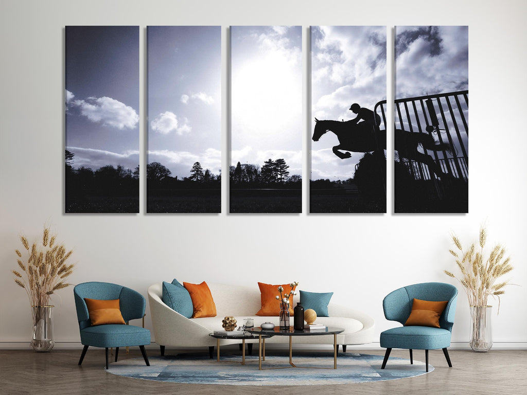 Large Silhouette Horse Canvas Print, Equestrian Jumping Wall Art, XXL Racehorse in Motion Artwork, Dynamic Equestrian Canvas for Home Decor