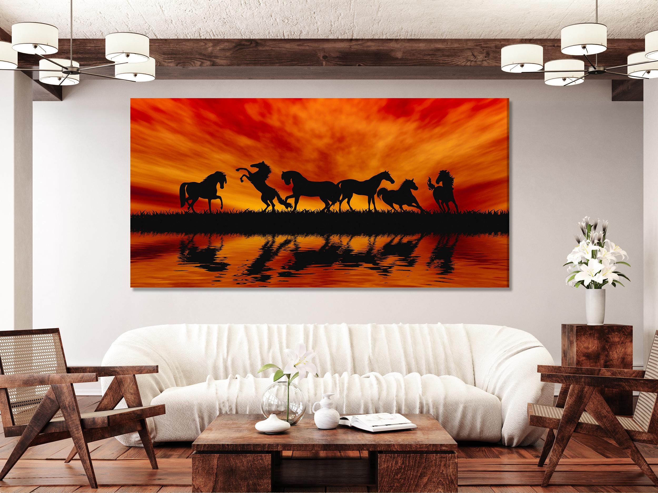 Wild Horses Sunset Canvas Print, Large Nature Wall Art, Silhouette Horse Artwork, Modern Landscape Art Print, Dramatic Wall Decor for Home