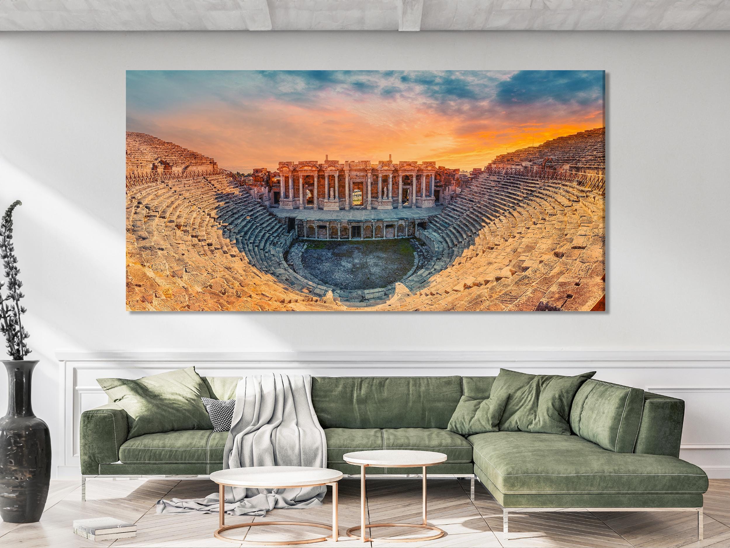 Hierapolis Amphitheater Canvas Print, Ancient Architecture Wall Art, Home Gift Idea, Sunset over Pamukkale, Large Turkish Heritage Decor,