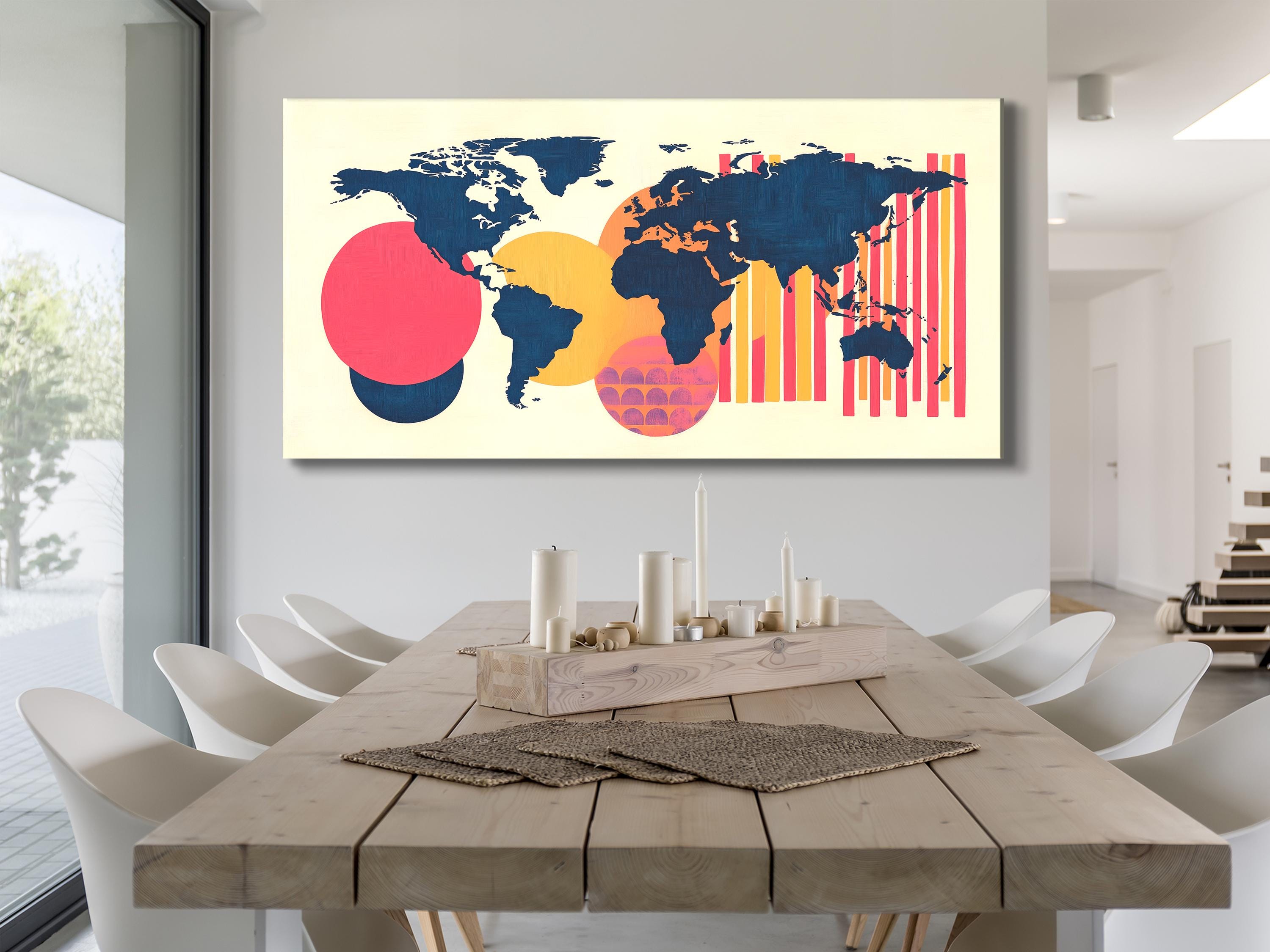 Stampa su tela con mappa astratta geometrica, decorazione da parete contemporanea per camera da letto, mappa del mondo moderna e colorata, opera d'arte creativa globale