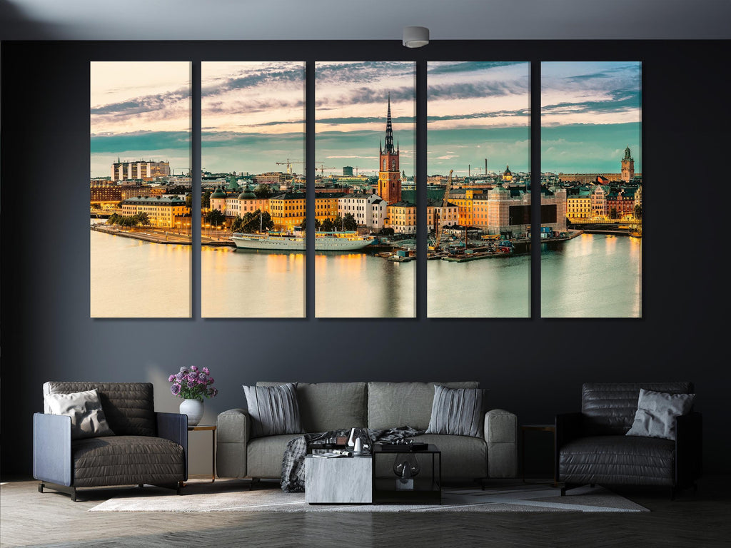 Stockholm Cityscape Canvas Print, Large Scandinavian Wall Art, Sunset Waterfront Artwork, Modern Art Print, Urban Wall Decor for Home