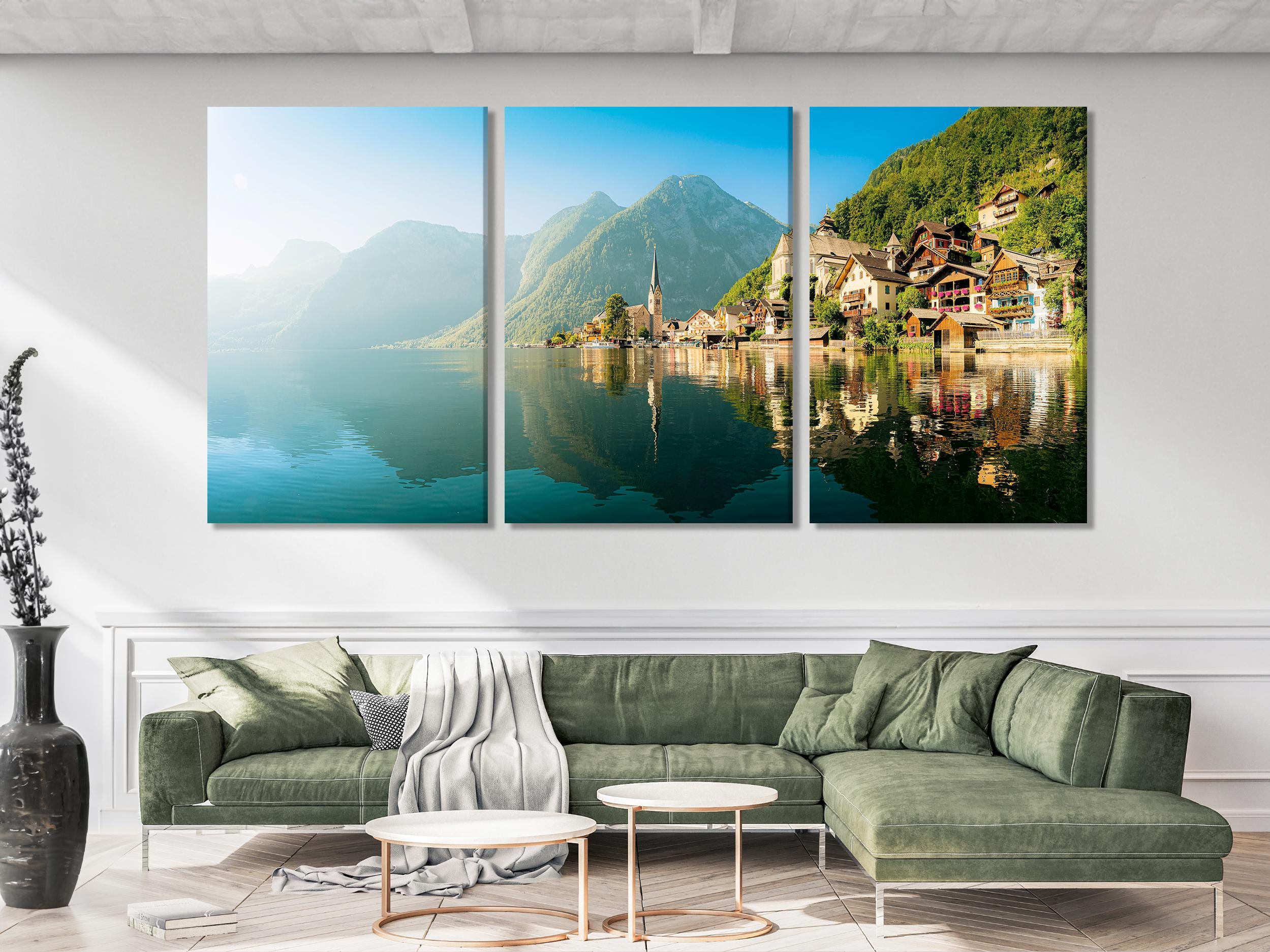 Stampa su tela di Hallstatt, Austria, grande arte murale di un villaggio europeo, fotografia di paesaggi di lago e montagna, arredamento extra large ispirato ai viaggi