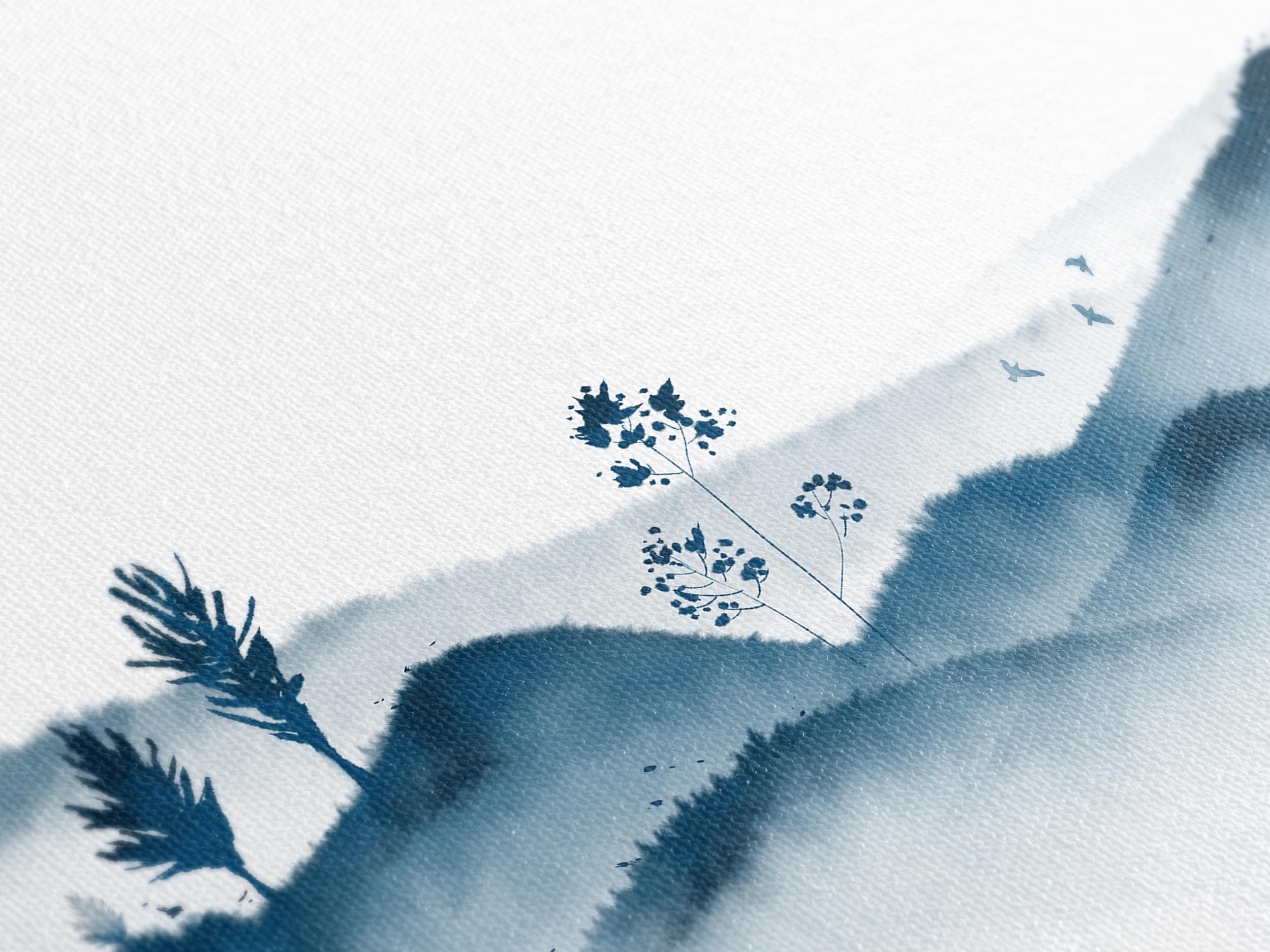 Minimalist Mountain Wall Art, Blue Mountain Canvas Art, 3-Panel Oriental Ink Artwork, Nature-Inspired Painting for Home or Office Wall Decor