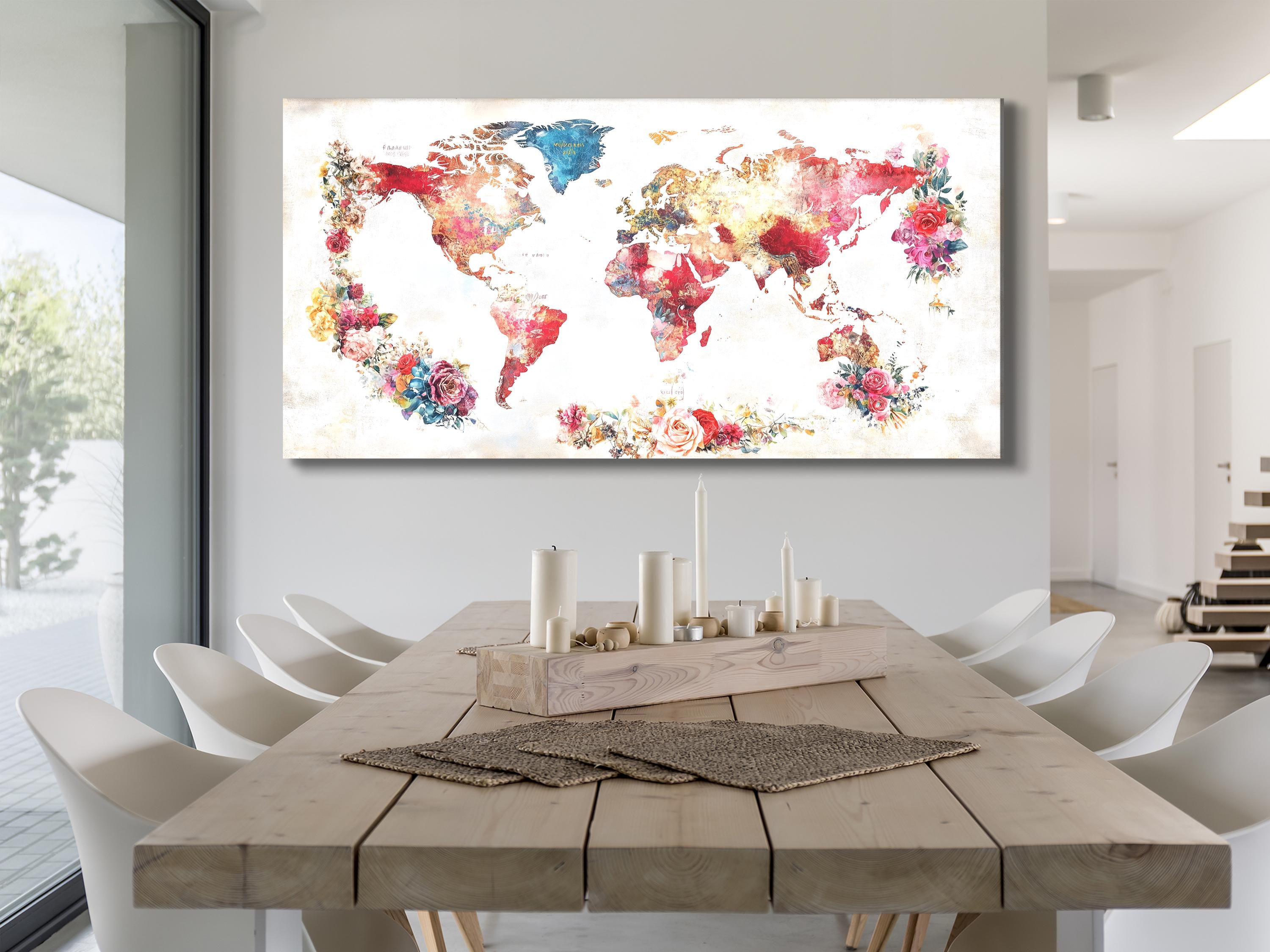 Acquerello floreale mappa del mondo arte murale tela astratta pittura mappa di viaggio decorazione stampa di fiori colorati interni casa mappa del mondo arte