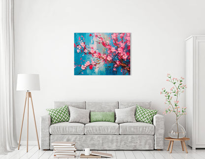 Cherry Blossoms on Blue Background - Canvas Print - Artoholica Ready to Hang Canvas Print