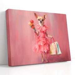 Chihuahua Dressed in Pink with Shopping Bags and Flowers - Canvas Print - Artoholica Ready to Hang Canvas Print