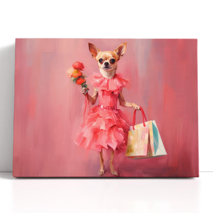 Chihuahua Dressed in Pink with Shopping Bags and Flowers - Canvas Print - Artoholica Ready to Hang Canvas Print