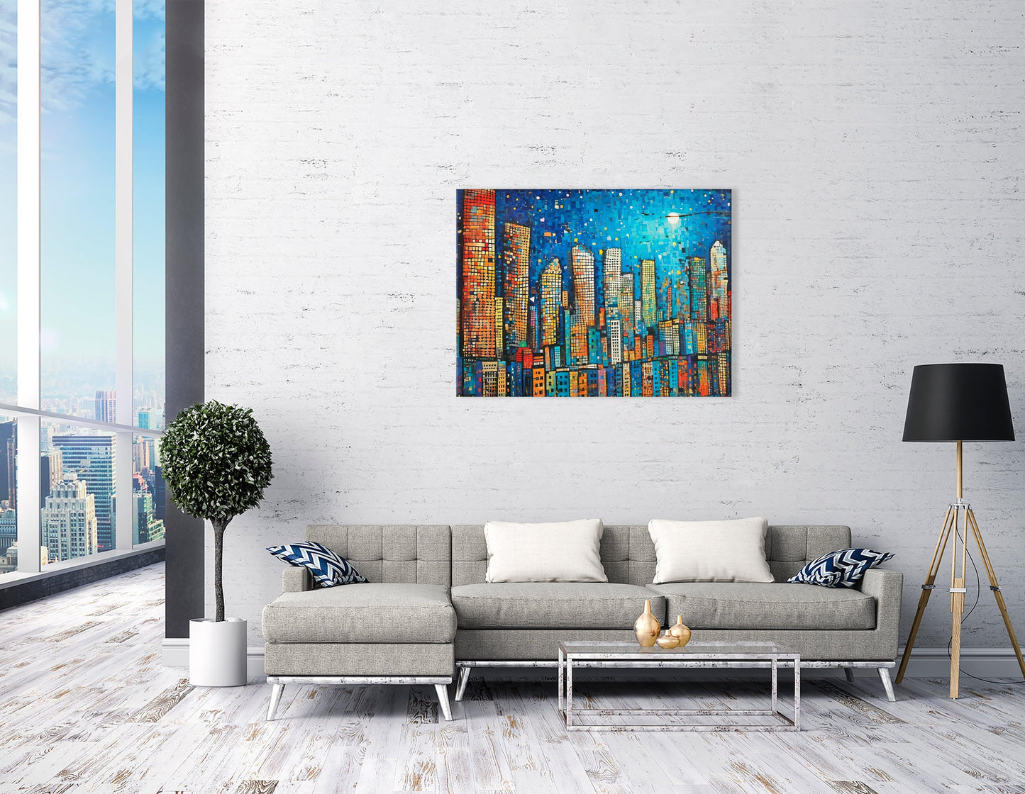 City at Night Wood Mosaics Style - Canvas Print - Artoholica Ready to Hang Canvas Print