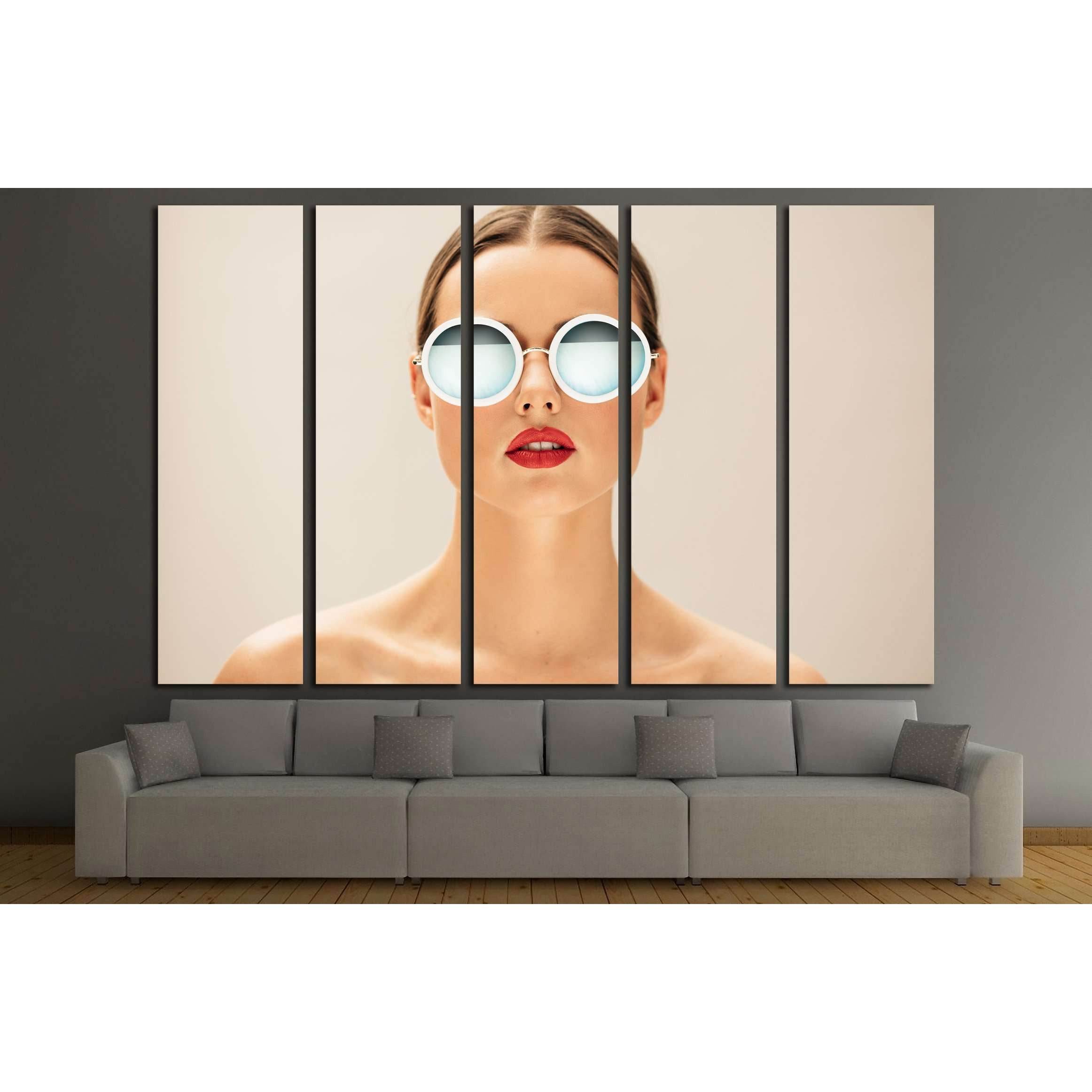 Close up portrait of pretty young woman with glasses against beige background №2758 Ready to Hang Canvas PrintCanvas art arrives ready to hang, with hanging accessories included and no additional framing required. Every canvas print is hand-crafted, made