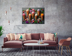 Colorful Ice Cream Cone Collage with Flowers - Canvas Print - Artoholica Ready to Hang Canvas Print