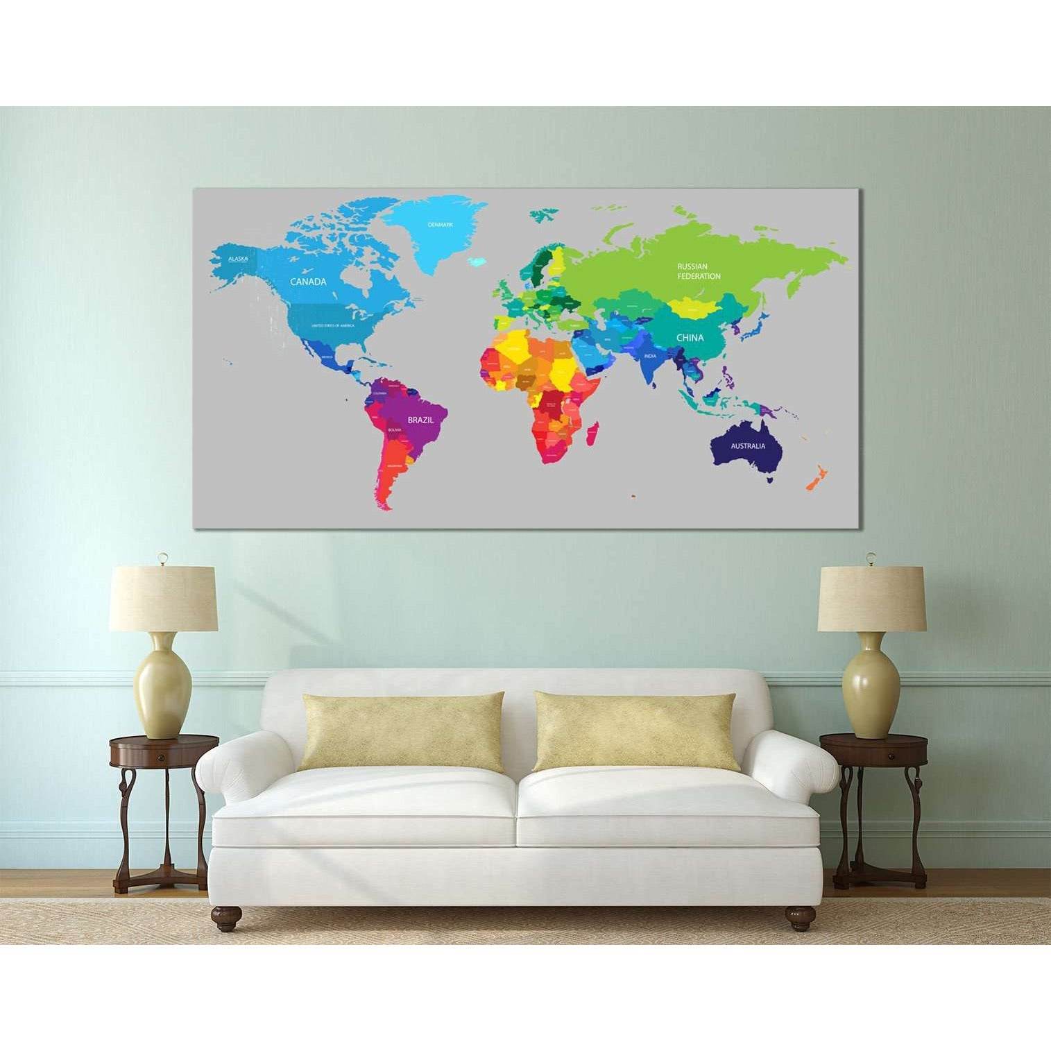 Colorful World Map №113 Ready to Hang Canvas PrintCanvas art arrives ready to hang, with hanging accessories included and no additional framing required. Every canvas print is hand-crafted, made on-demand at our workshop and expertly stretched around 100%