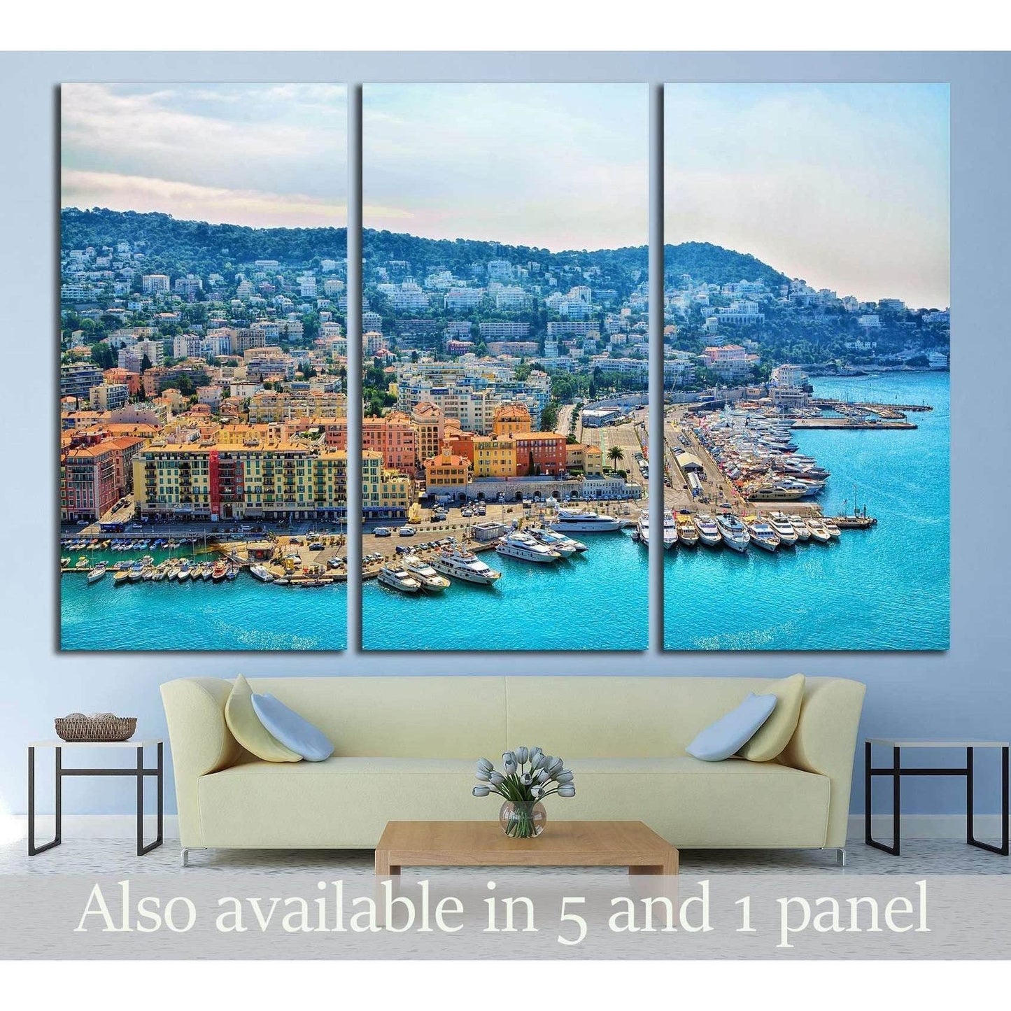 Cote d'Azur Harbor Canvas Print - French Riviera Seaside Wall ArtThis canvas print features a vibrant aerial view of the Cote d'Azur, showcasing the bustling harbor with an array of boats and the vividly colored buildings that are iconic to the French Riv