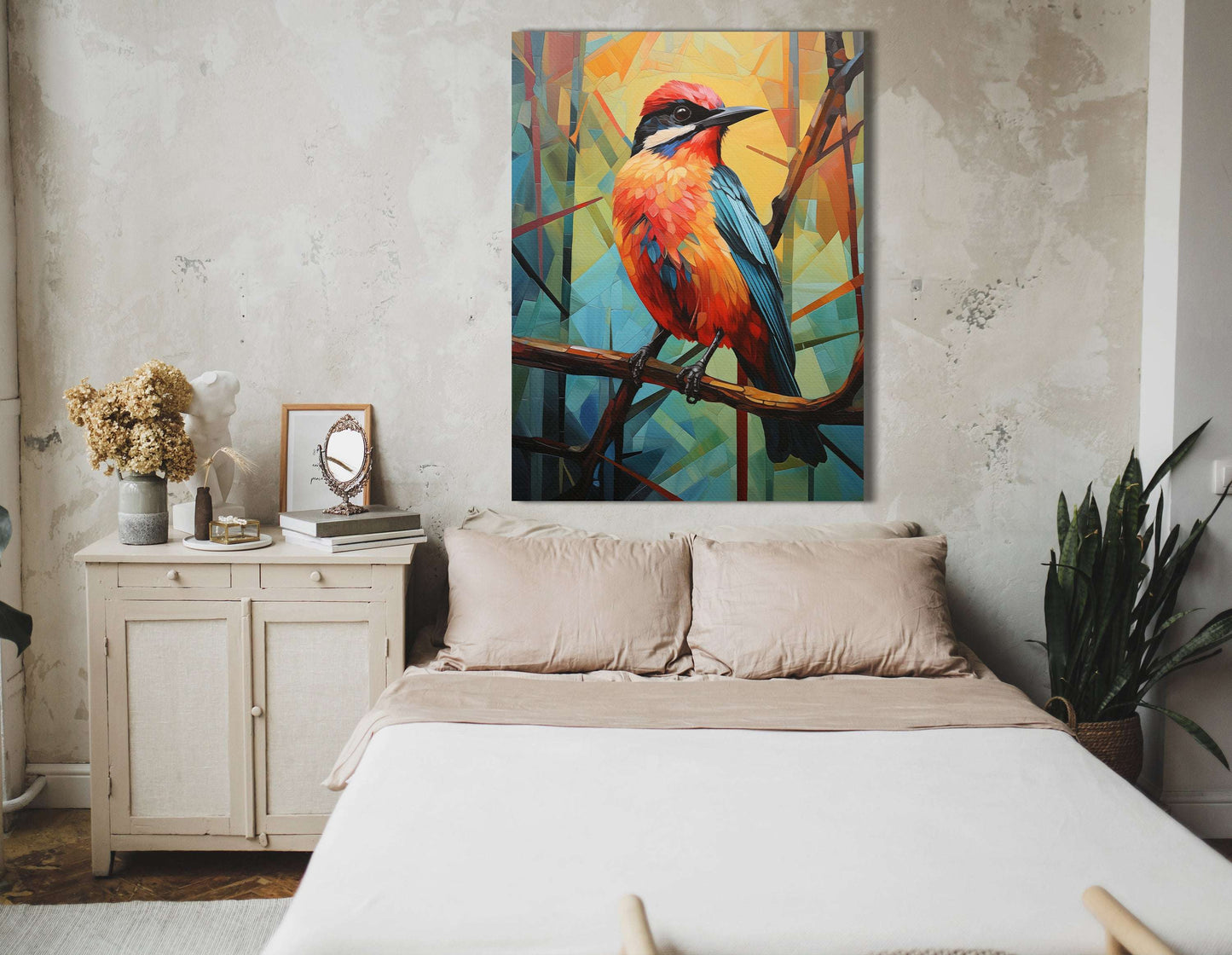 Cubist Bird in Teal and Orange - Canvas Print - Artoholica Ready to Hang Canvas Print