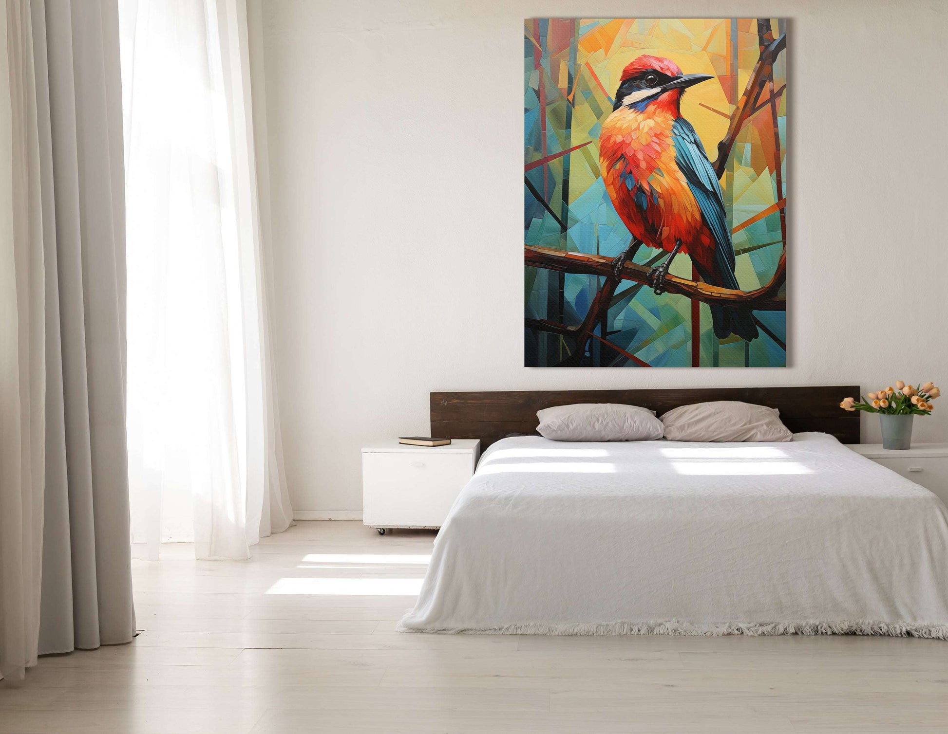 Cubist Bird in Teal and Orange - Canvas Print - Artoholica Ready to Hang Canvas Print