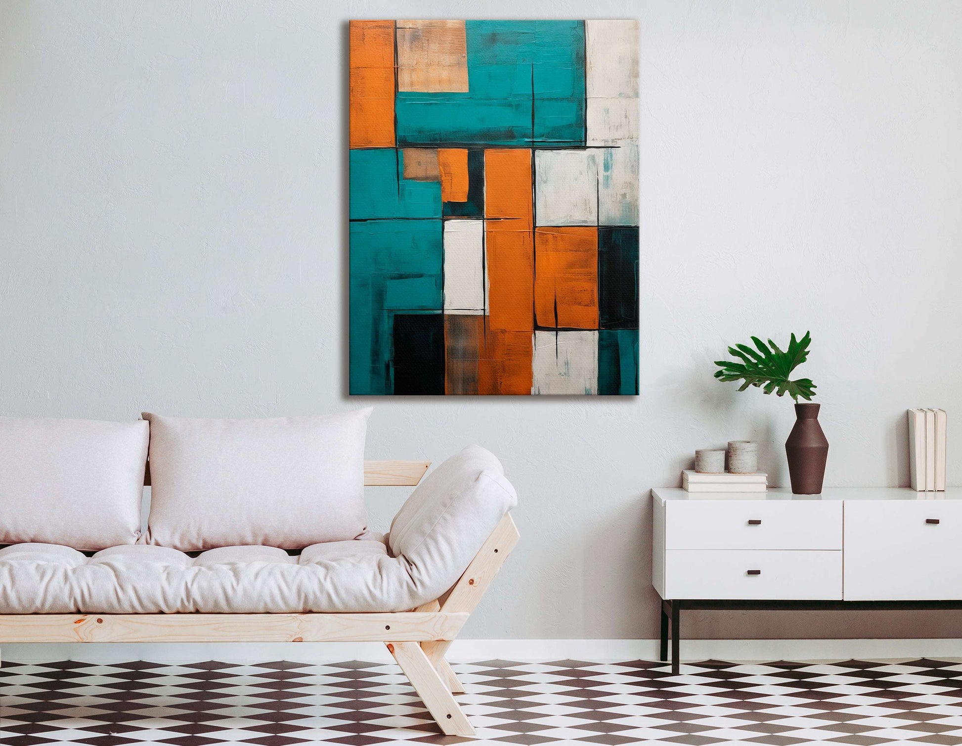 Cubist Composition in Turquoise, White, and Brown - Canvas Print - Artoholica Ready to Hang Canvas Print