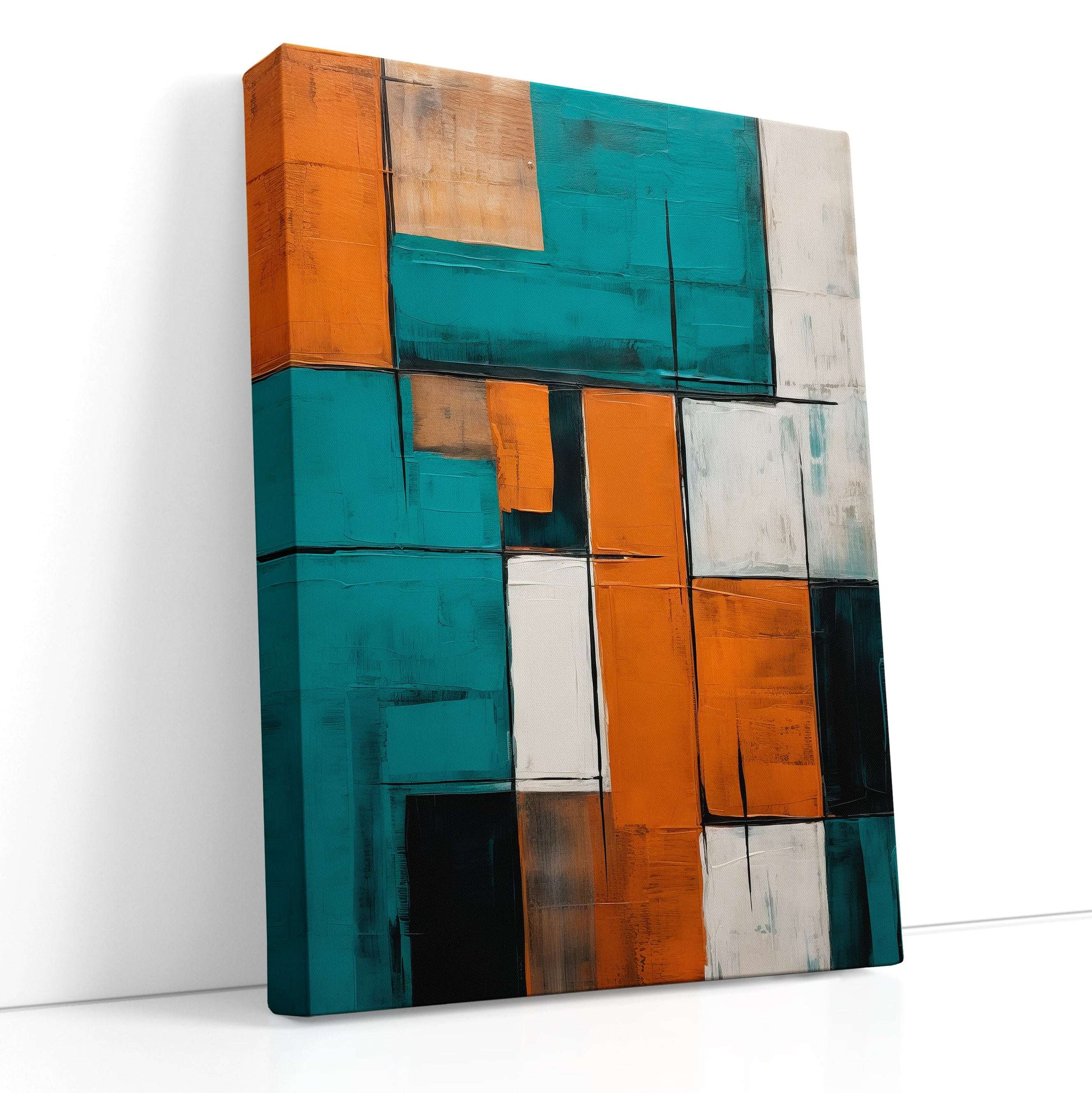 Cubist Composition in Turquoise, White, and Brown - Canvas Print - Artoholica Ready to Hang Canvas Print