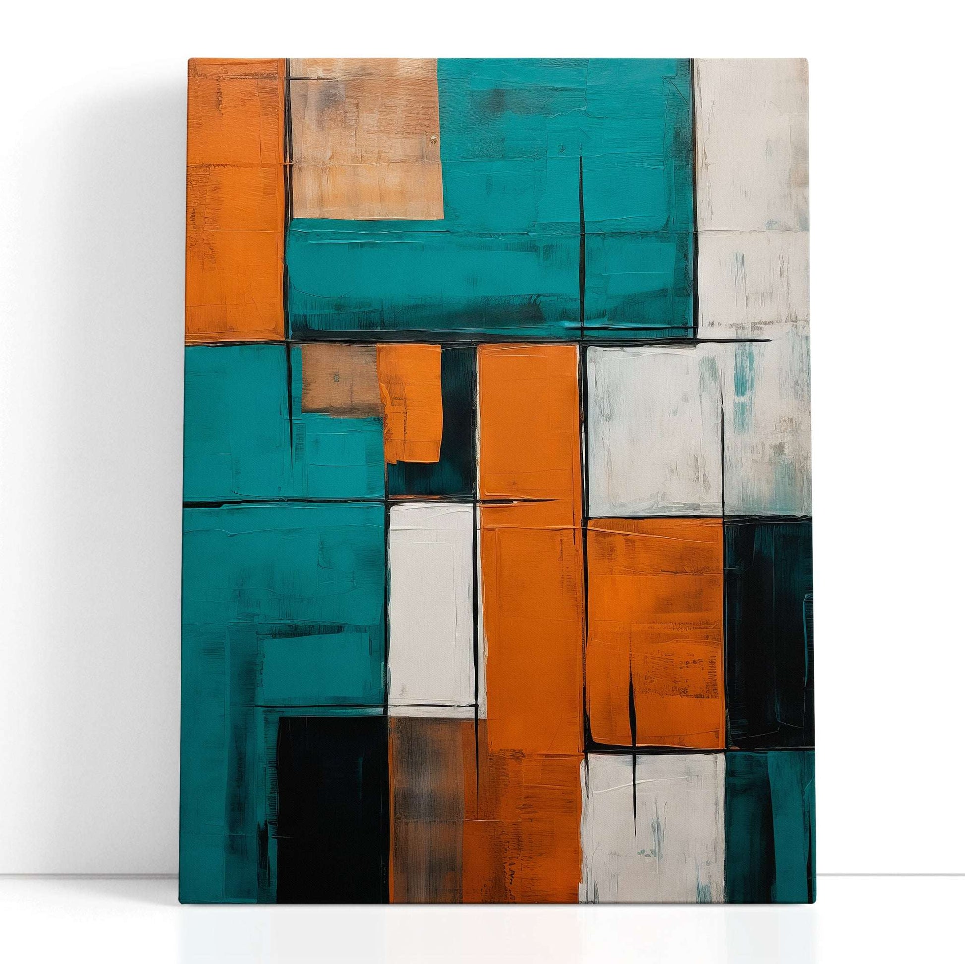 Cubist Composition in Turquoise, White, and Brown - Canvas Print - Artoholica Ready to Hang Canvas Print