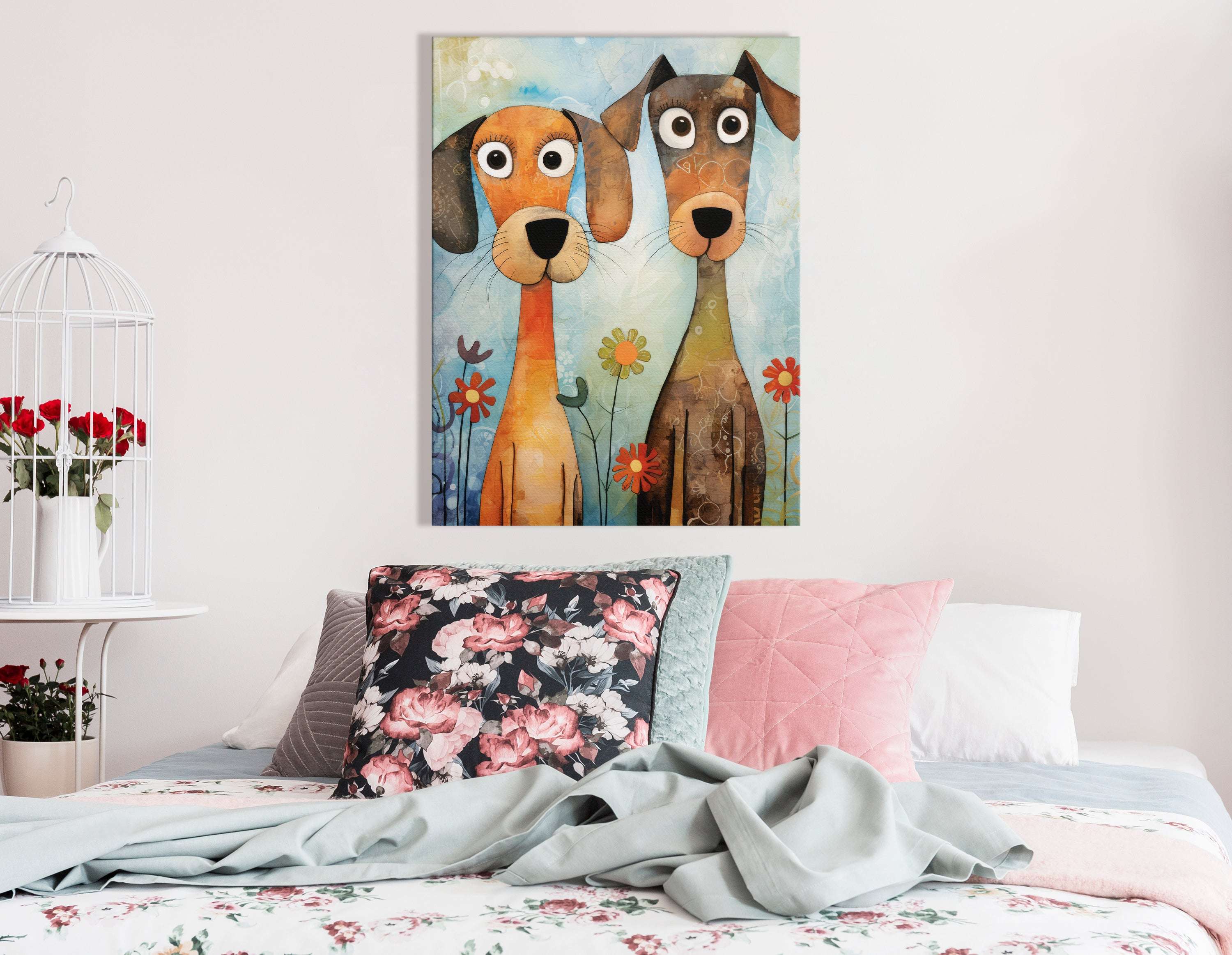 Curious Pups Amidst Blooms - Canvas Print - Artoholica Ready to Hang Canvas Print