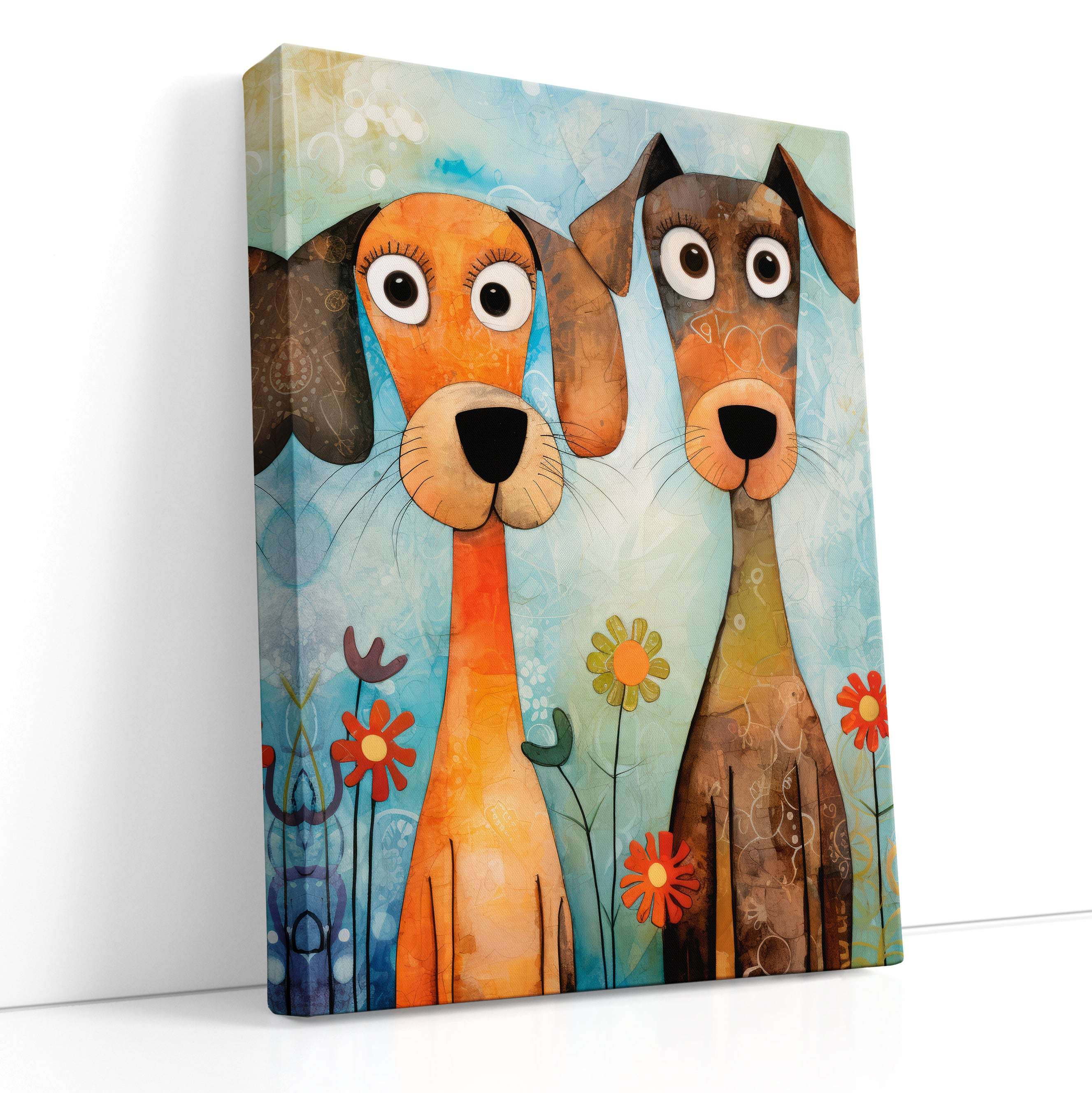 Curious Pups Amidst Blooms - Canvas Print - Artoholica Ready to Hang Canvas Print