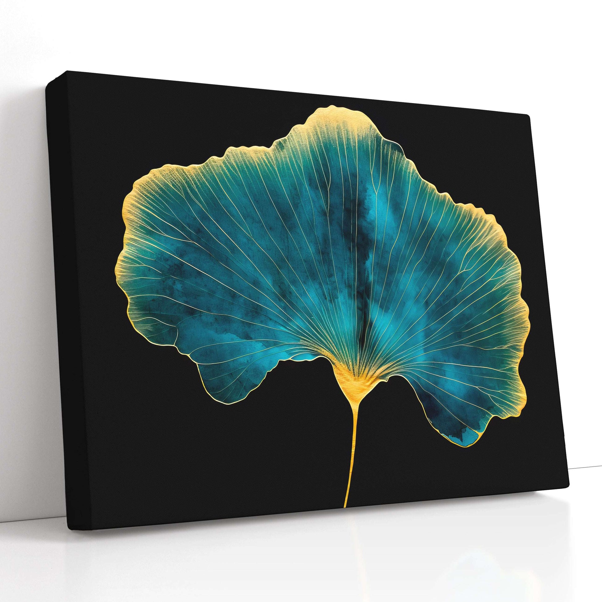 Cyan Ginkgo Leaf with Golden Edges - Canvas Print - Artoholica Ready to Hang Canvas Print