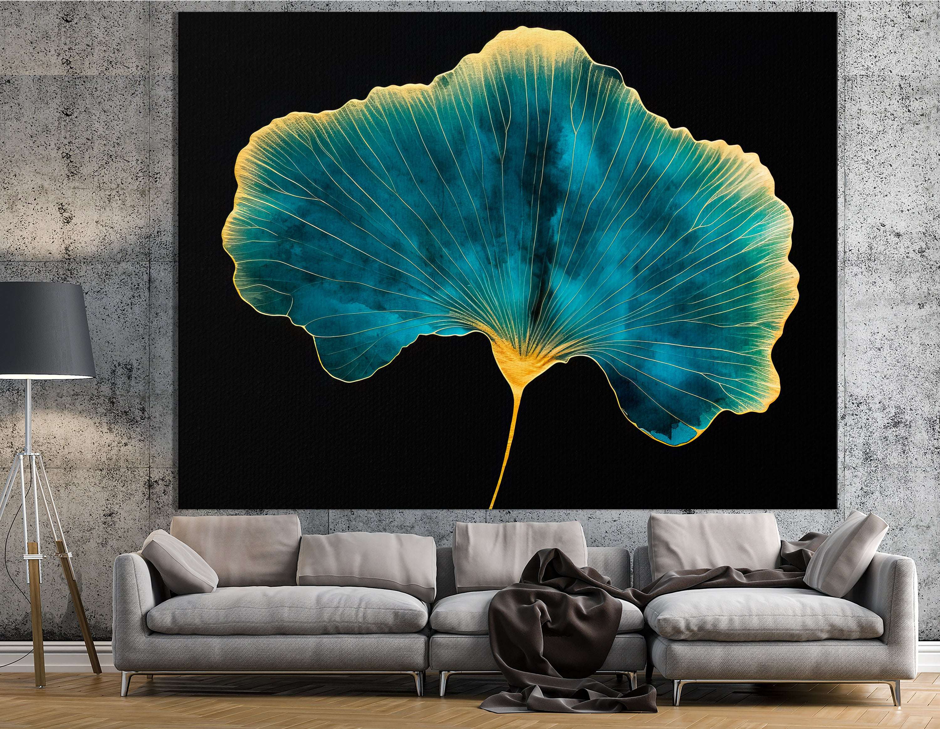 Cyan Ginkgo Leaf with Golden Edges - Canvas Print - Artoholica Ready to Hang Canvas Print