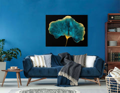 Cyan Ginkgo Leaf with Golden Edges - Canvas Print - Artoholica Ready to Hang Canvas Print