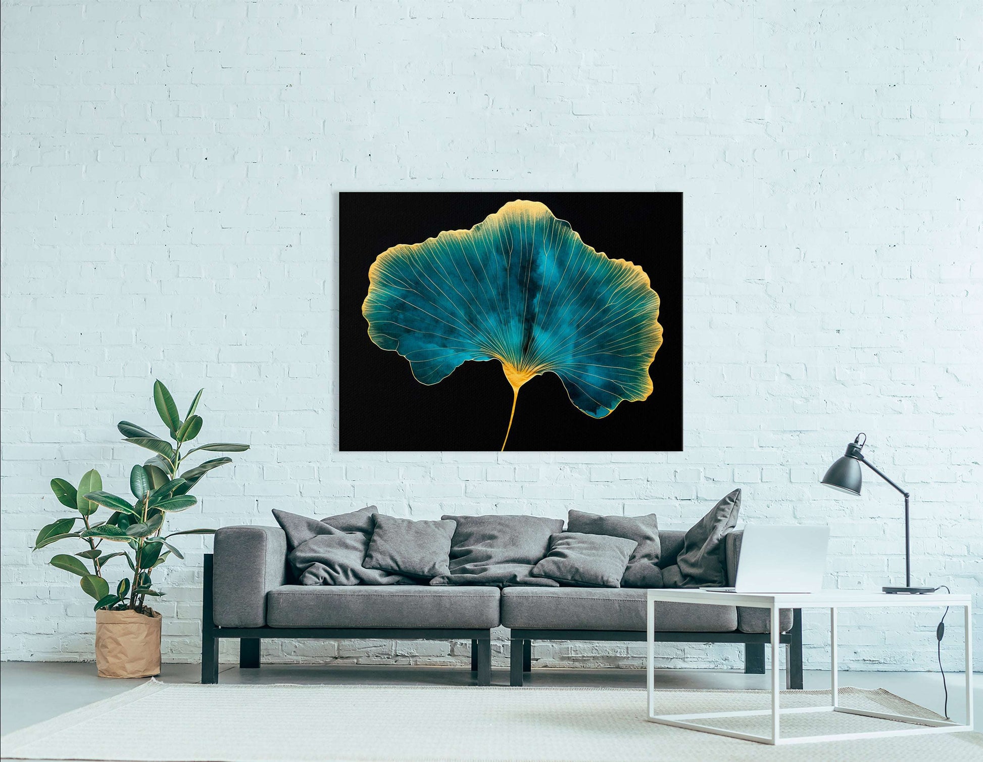 Cyan Ginkgo Leaf with Golden Edges - Canvas Print - Artoholica Ready to Hang Canvas Print