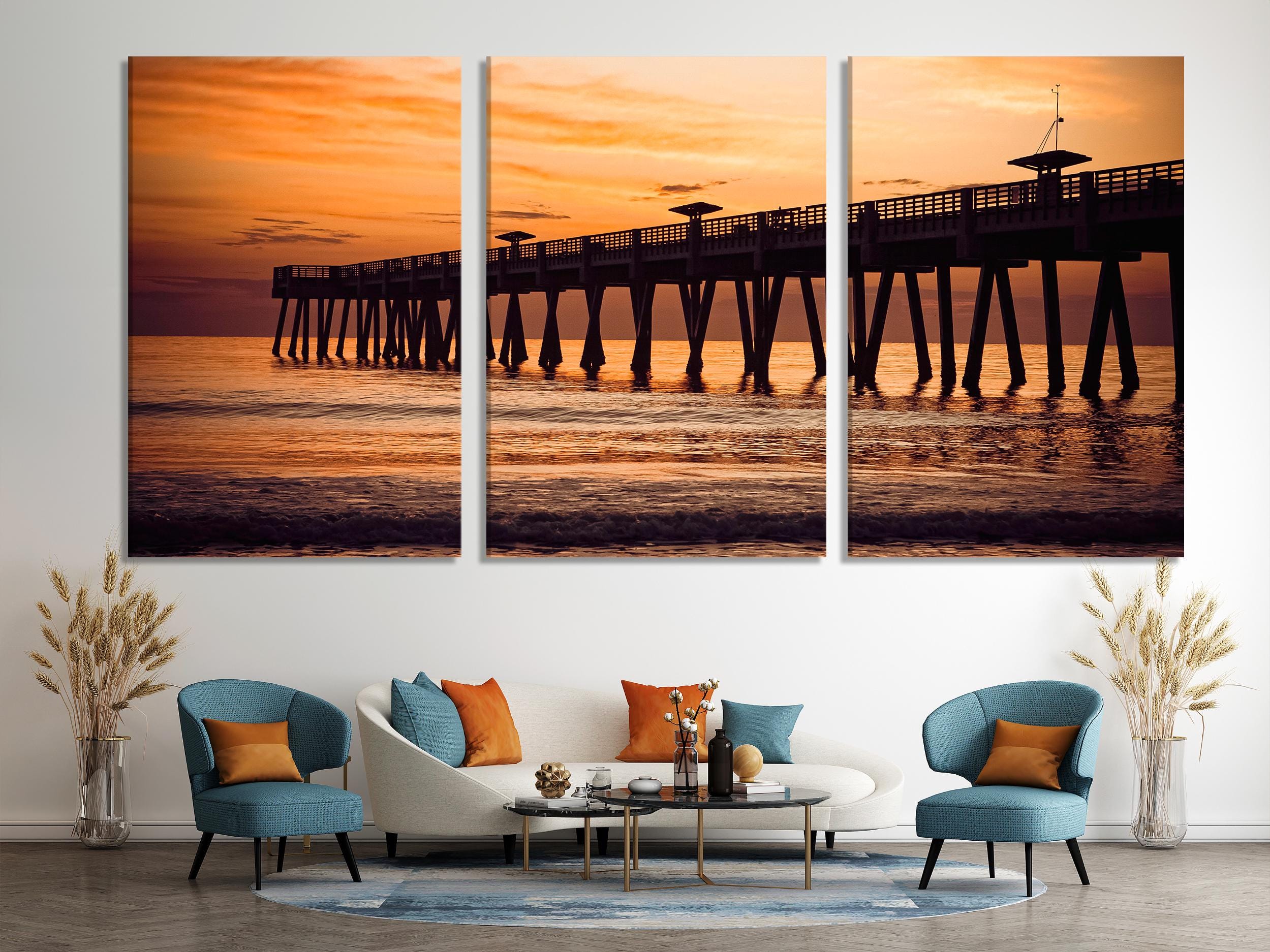 Jacksonville Wall Art - Fishing Pier Canvas Print, Large Coastal Wall Art, Sunset Ocean Artwork, Modern Beach Art Print, Sunrise Wall Decor