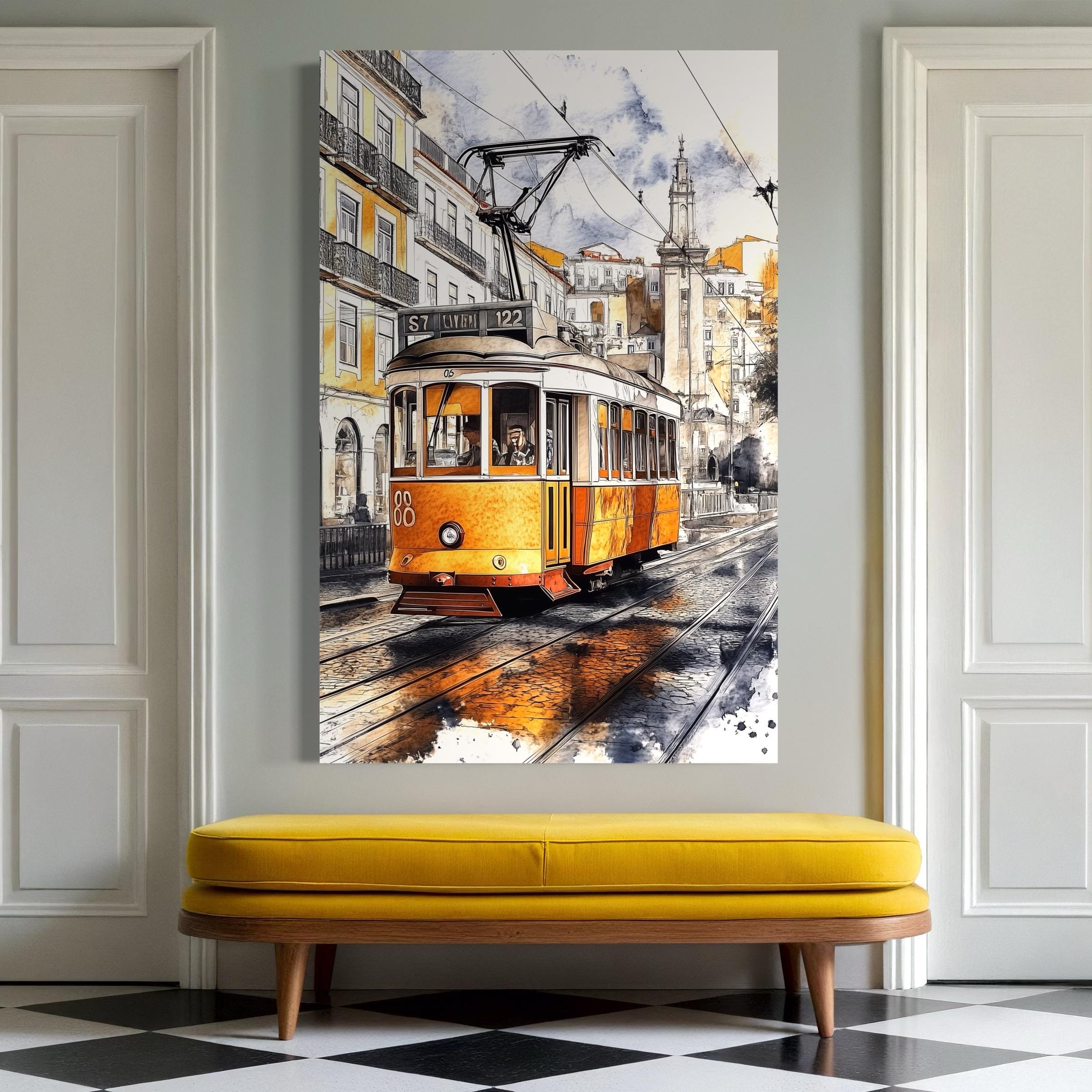 Muurkunst met tram in Lissabon - aquarelprint van Lissabon, canvaskunst van een stadsgezicht in Portugal, canvasprint van een gele tram, wanddecoratie van Lissabon, kunstwerken van Lissabon