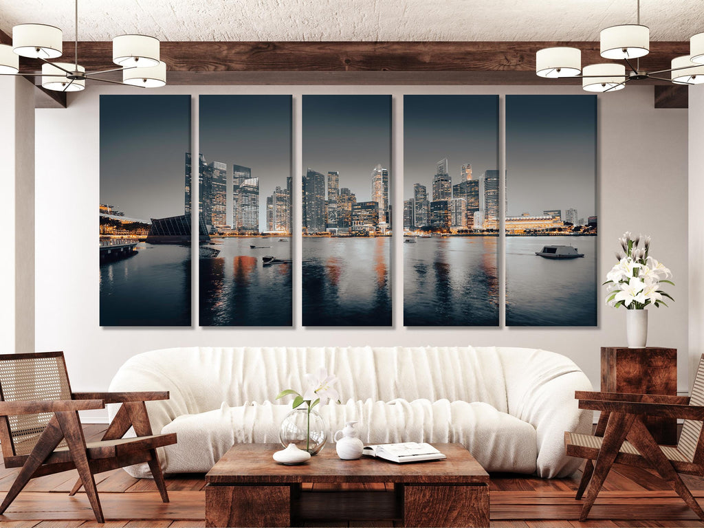 Singapore Wall Art - Groot canvas print van Singapore stadsgezicht, moderne skyline muurkunst, Singapore wanddecoratie, meerdelige Singapore wanddecoratie