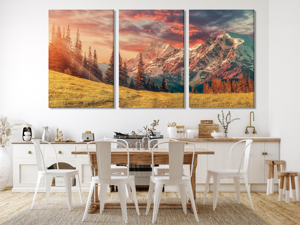 Mountain Sunrise Canvas Print – Majestic Landscape Wall Art, Golden Meadow and Snow-Capped Peaks, Nature-Inspired Decor for Living Room