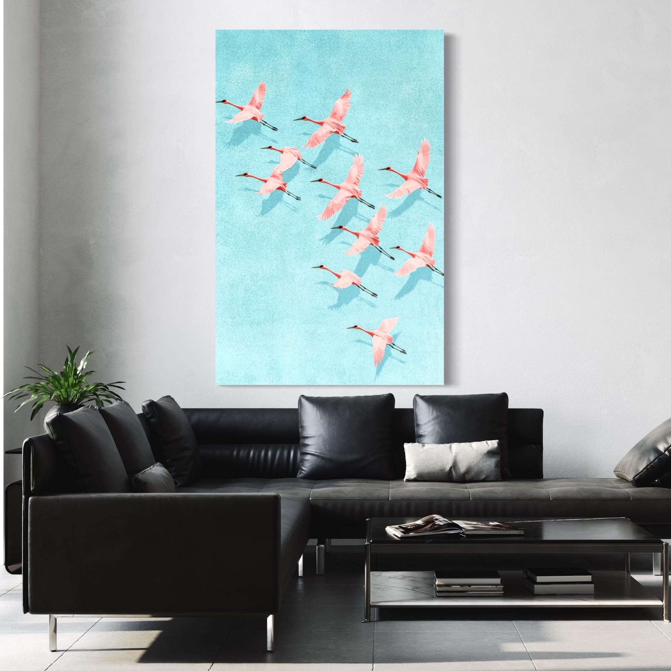 Pink Cranes Wall Art - Coastal Wall Decor, Wildlife Art for Home or Office Decor, Minimalist Style Wall Art, Light Blue Painting Wall Decor