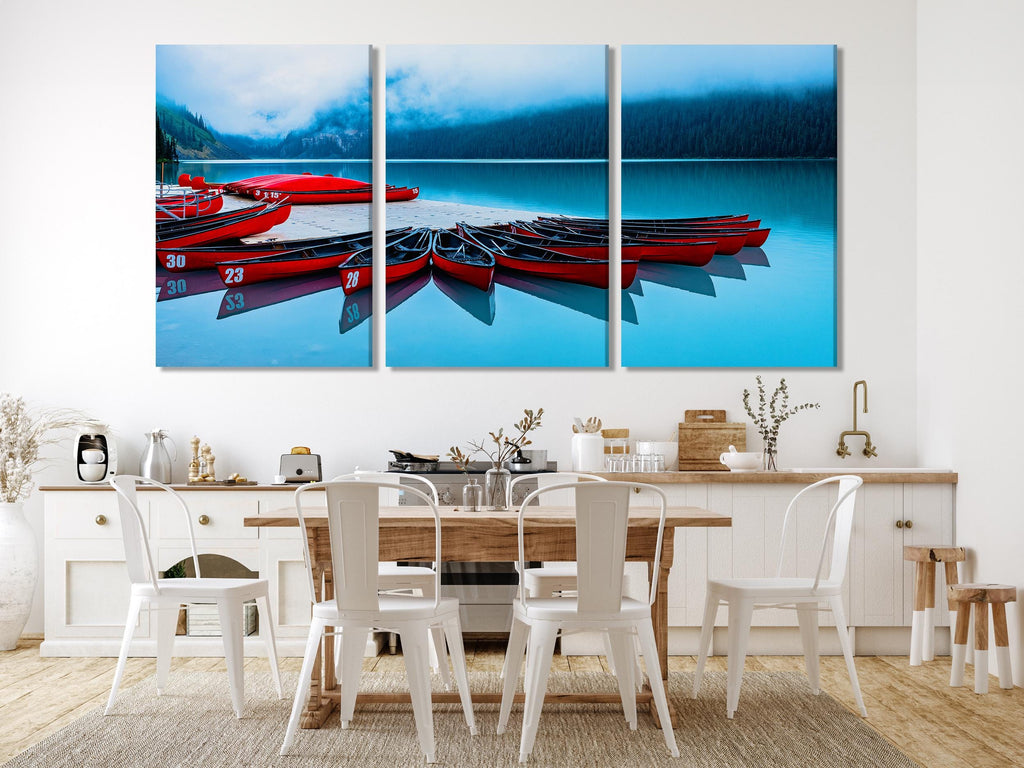 Canoe Canvas Art - Lake Louise Wall Art, Red Canoes Lake Print, Canoe Wall Art, Canadian Landscape Decor, Lake Louise Nature Photography Art