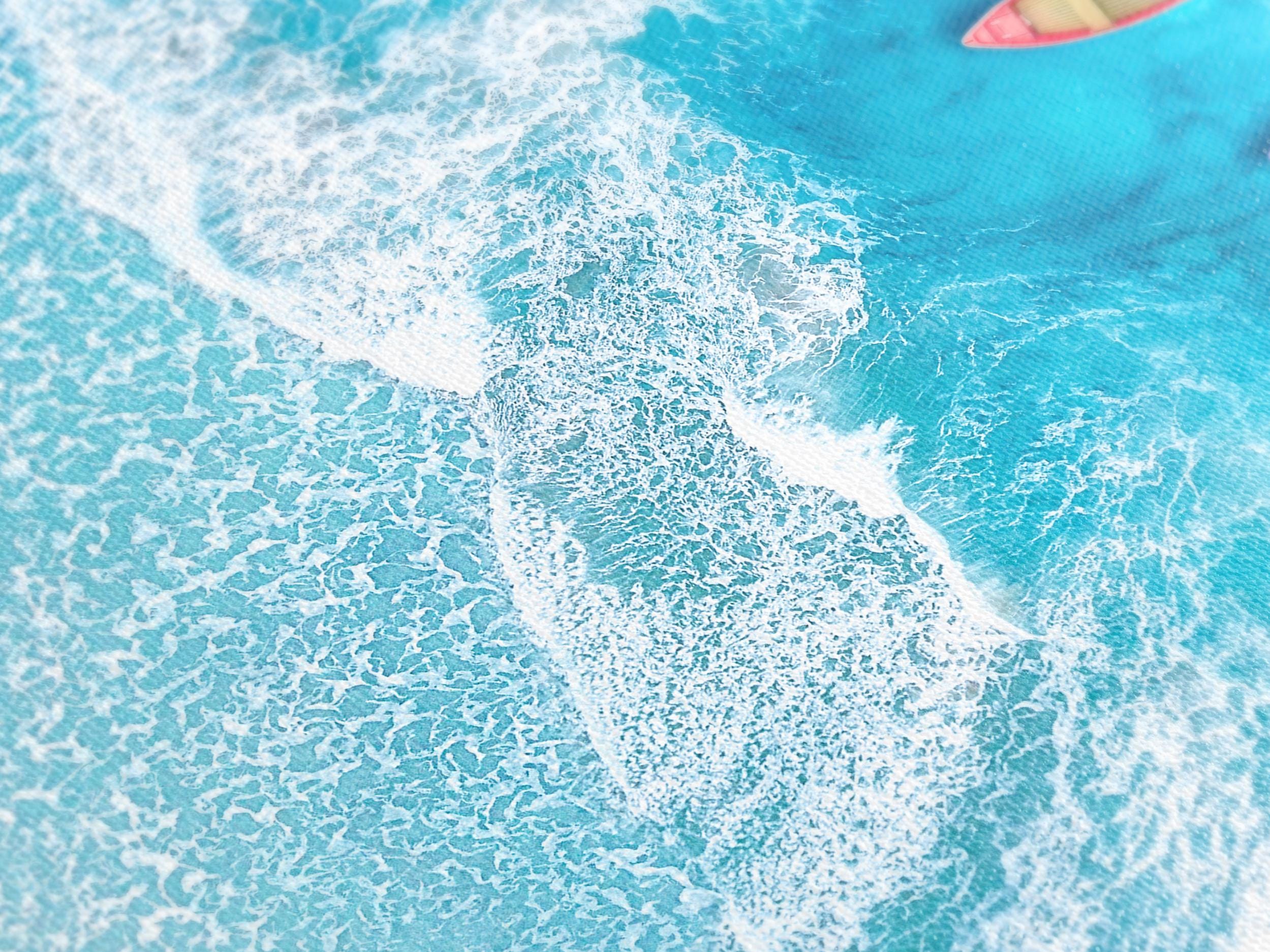 Art mural côtier – Bateaux colorés dans l'océan – Impression sur toile – Vue aérienne de plage – Déco nautique moderne pour salon ou salle à manger