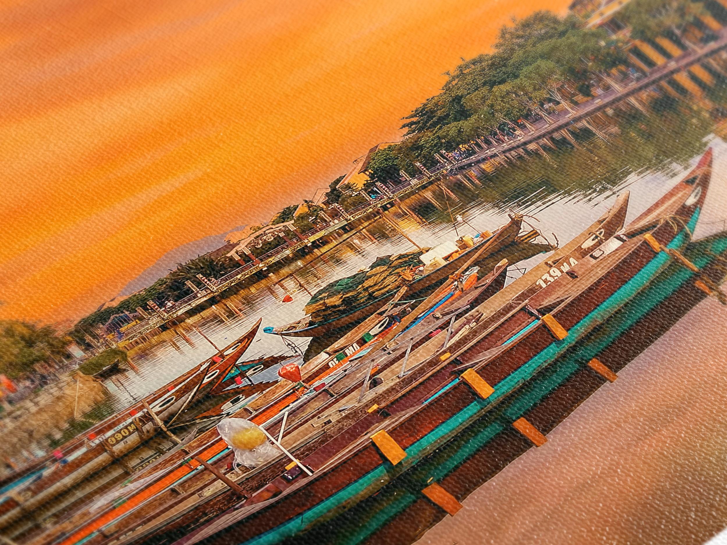 Hoi An Vietnam Wall Art, Sunset River Canvas Print, Asian Landscape Decor, Modern 3 Panel Artwork, Traditional Boat Scene Canvas Art Print