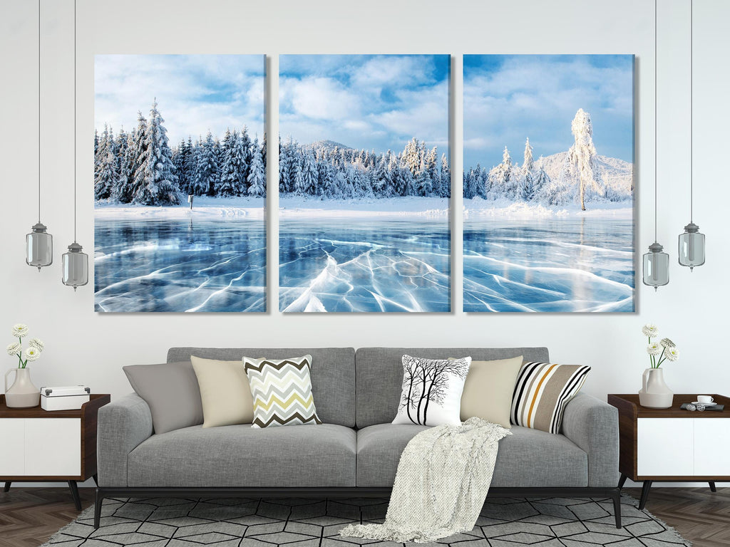 Frozen Lake Winter Landscape Canvas Print – Large Snowy Forest Wall Art, Icy Nature Scene, Winter Landscape Decor for Living Room or Office