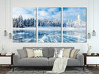 Frozen Lake Winter Landscape Canvas Print – Large Snowy Forest Wall Art, Icy Nature Scene, Winter Landscape Decor for Living Room or Office