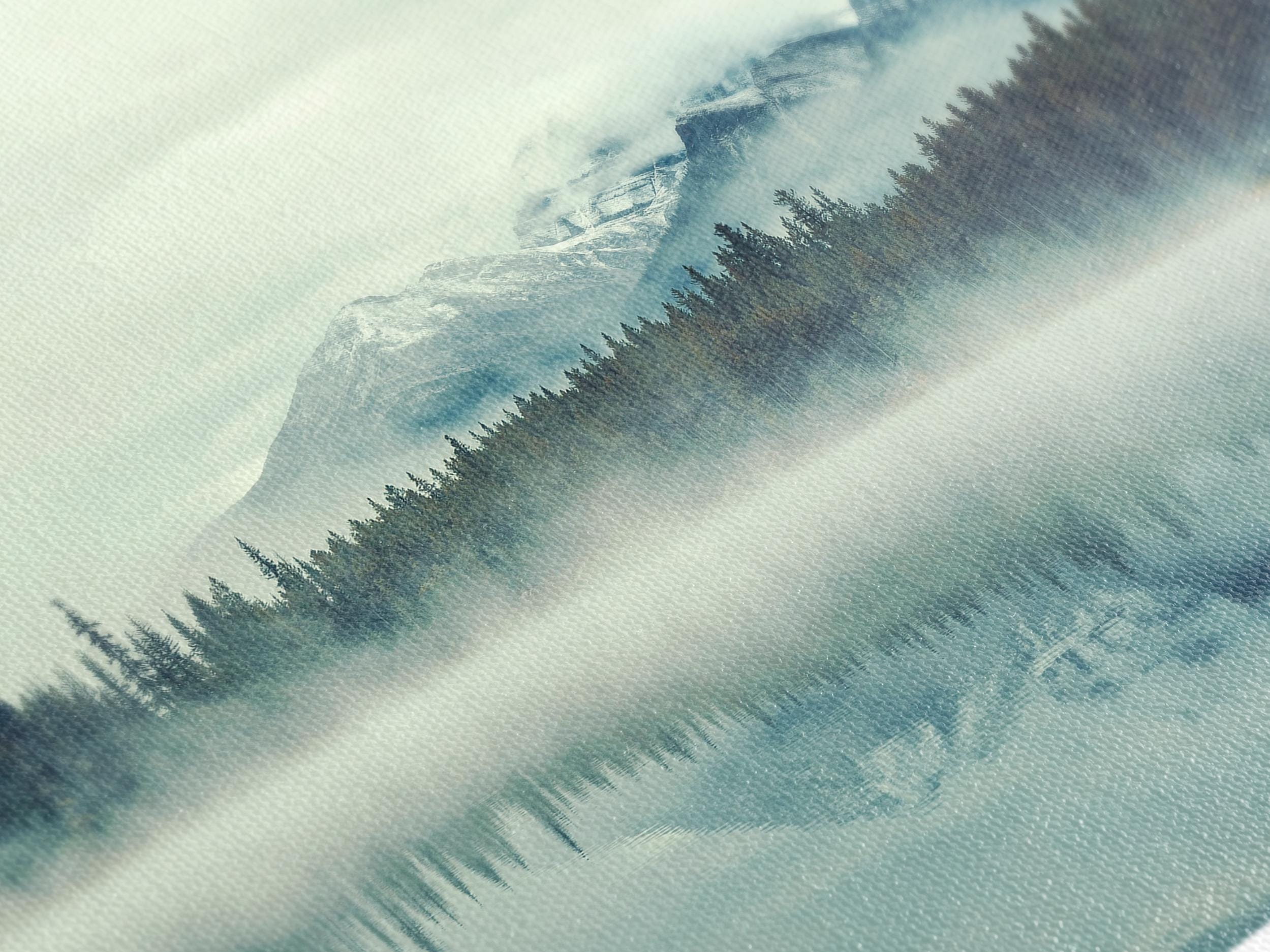 Lake Herbert Canvas Art - Foggy Morning Banff Wall Art, Glacial Mountain Artwork, Extra Large Canada Nature Canvas Art for Large Wall Decor